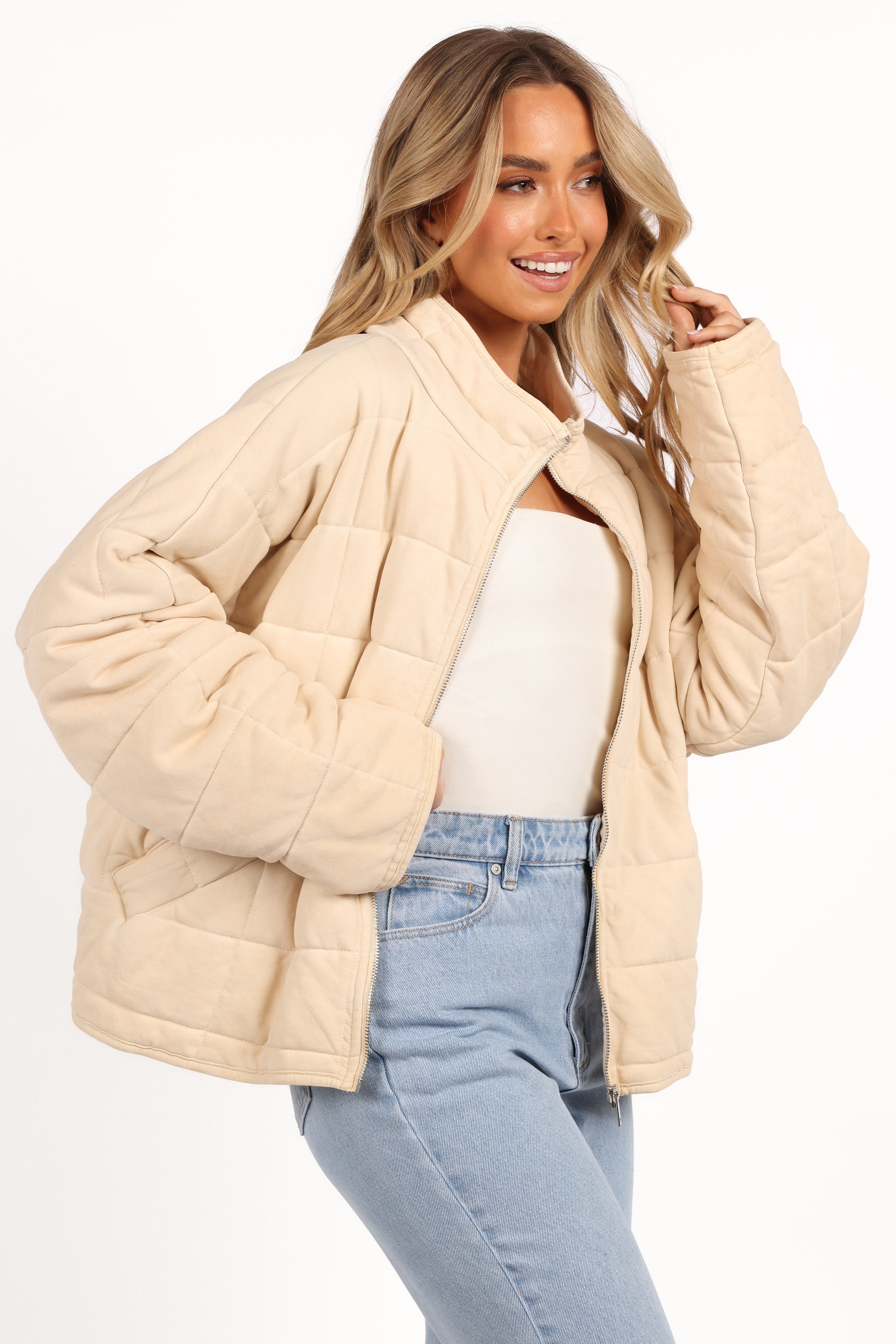 Cream Alegra Quilted Jacket - Cotton Blend Mock Neck Coat