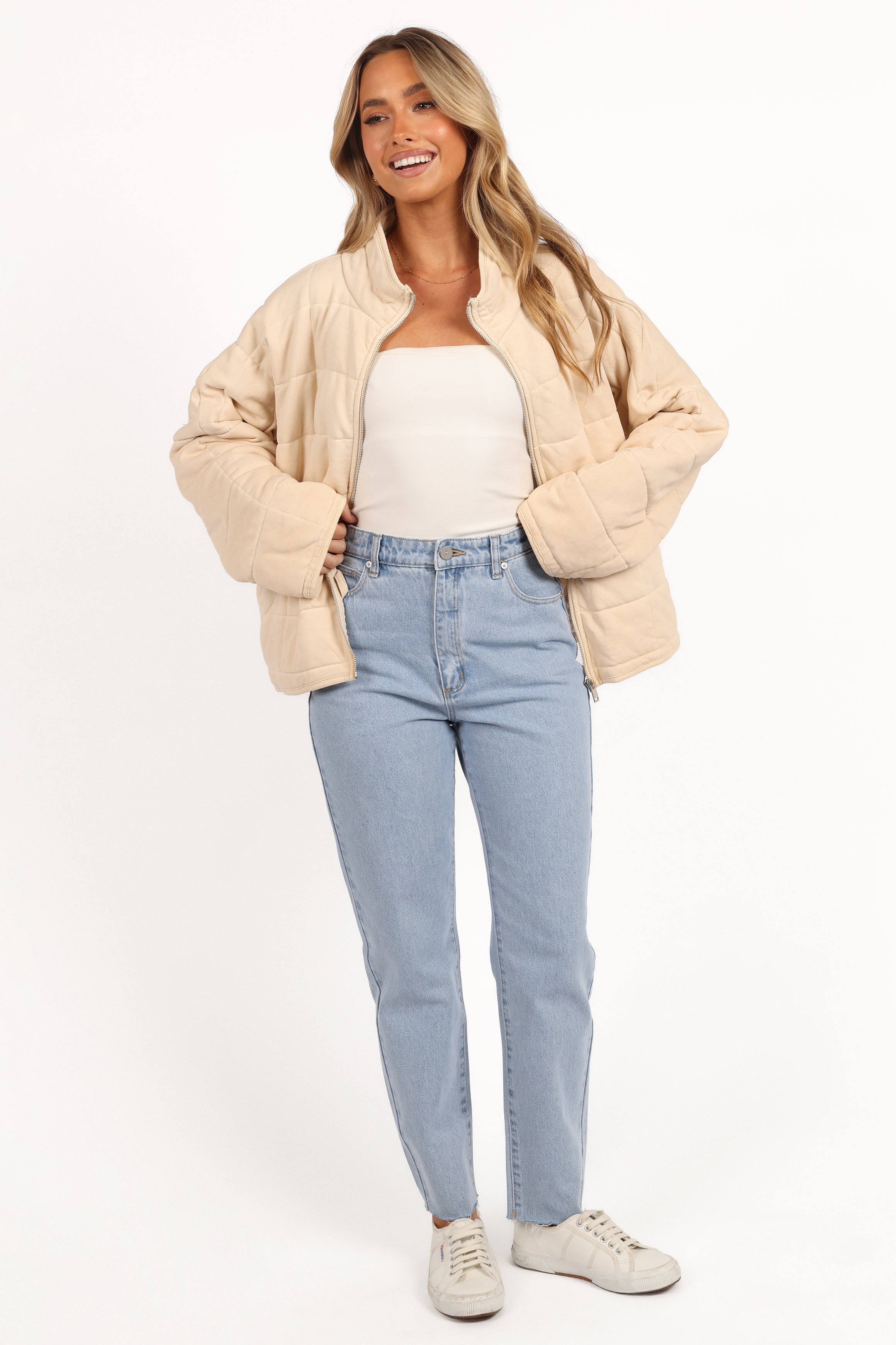Cream Alegra Quilted Jacket - Cotton Blend Mock Neck Coat