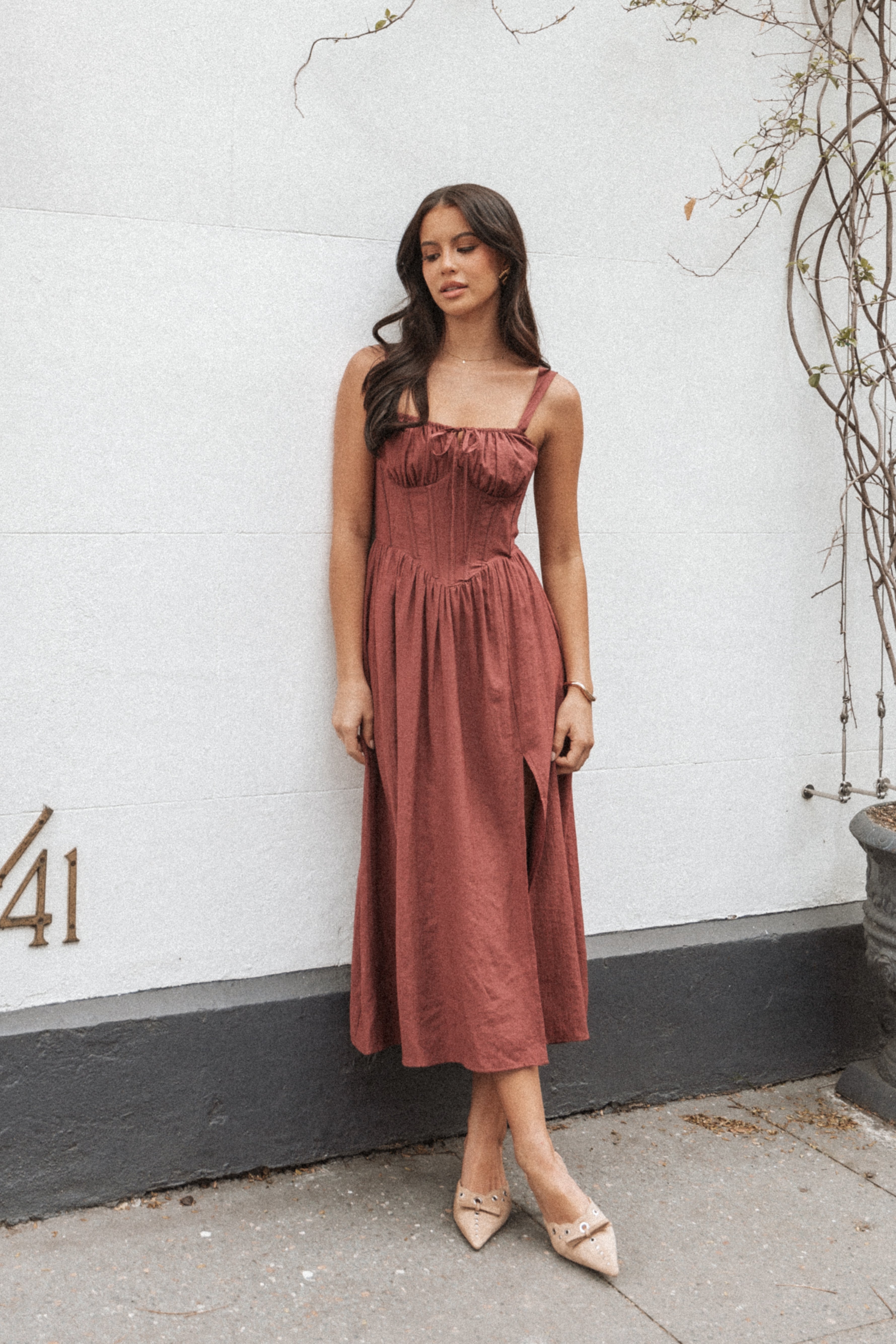 Sofie Square Neck Midi Dress with Cut Out Detail - Brick