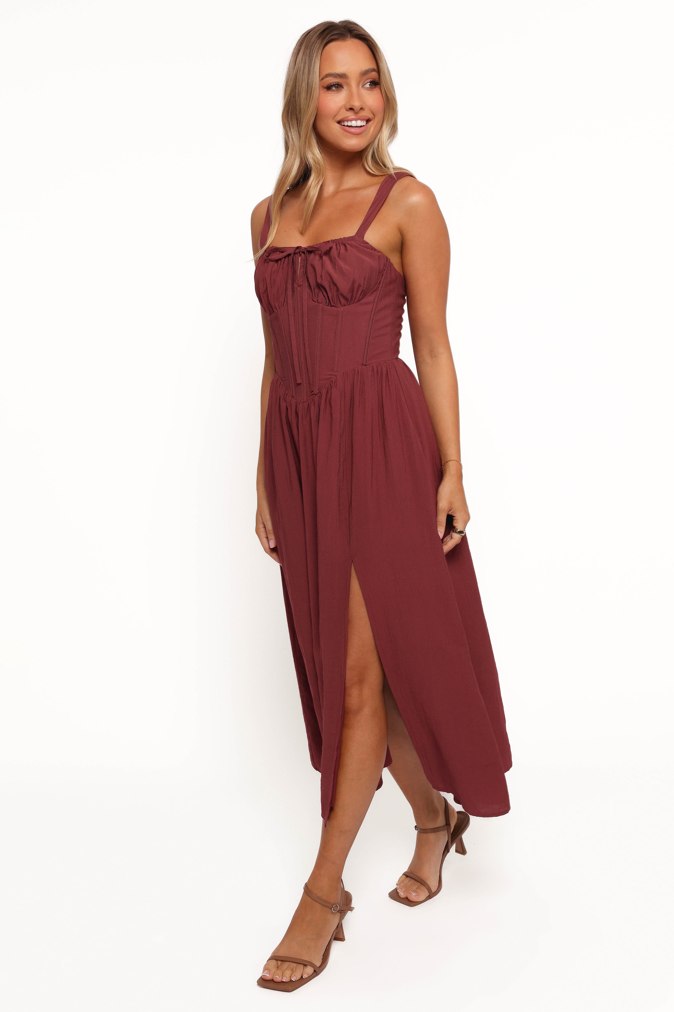 Sofie Square Neck Midi Dress with Cut Out Detail - Brick