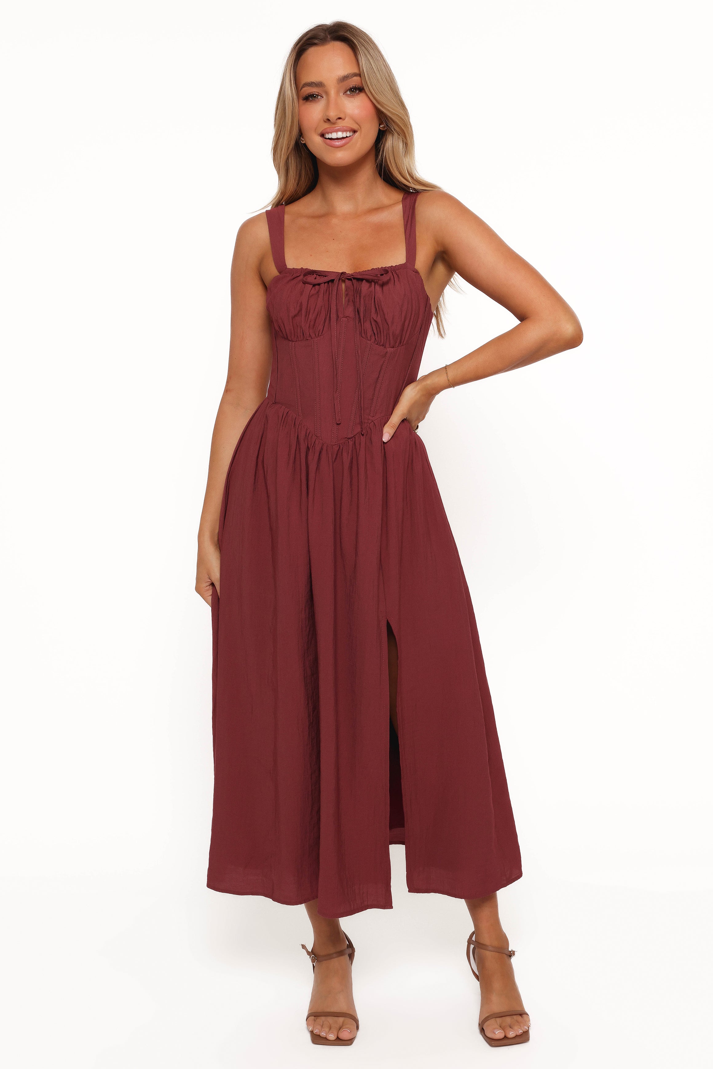 Sofie Square Neck Midi Dress with Cut Out Detail - Brick