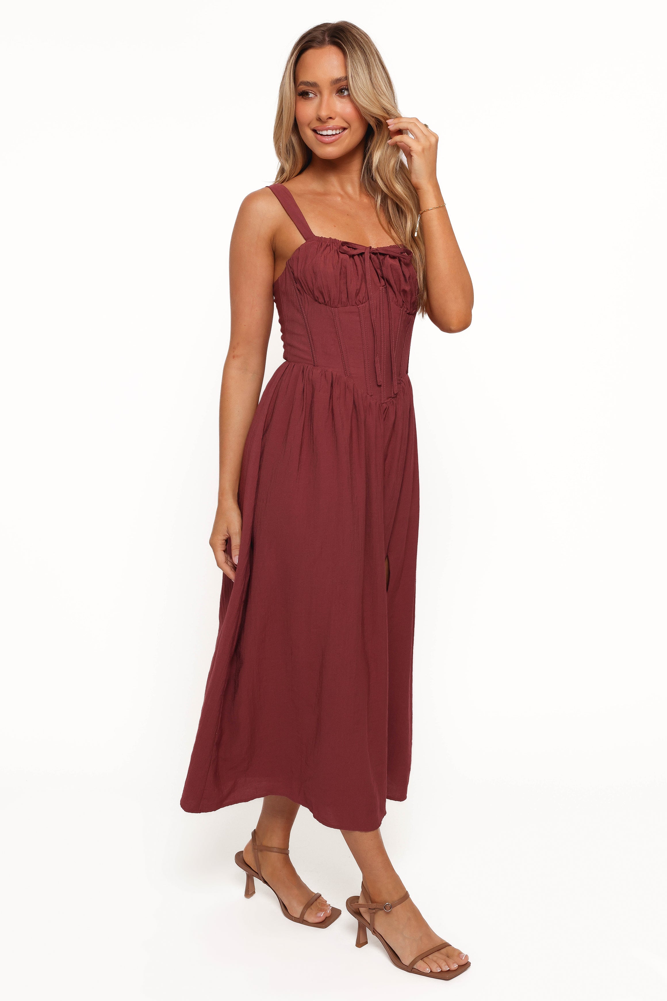 Sofie Square Neck Midi Dress with Cut Out Detail - Brick