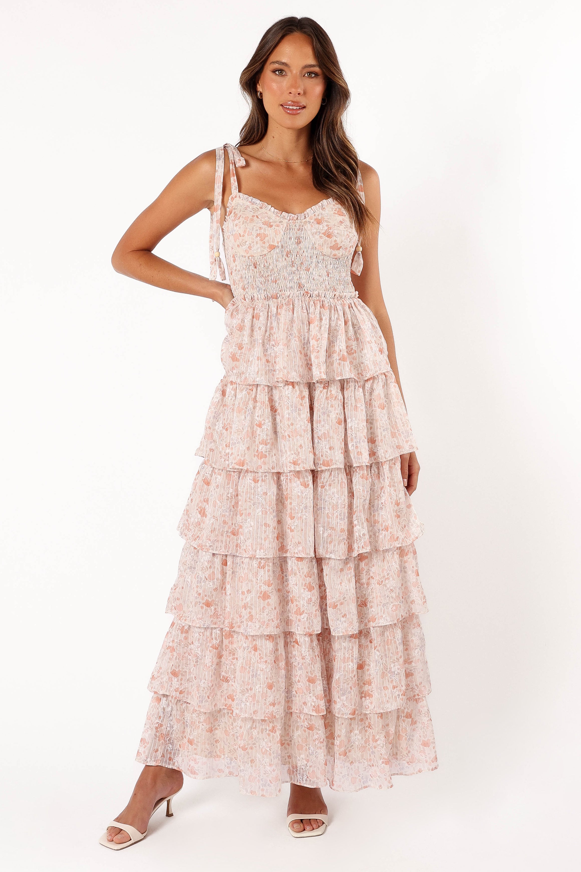 Peach Floral Maxi Dress with Sweetheart Neckline & Tiered Skirt - Kristah
