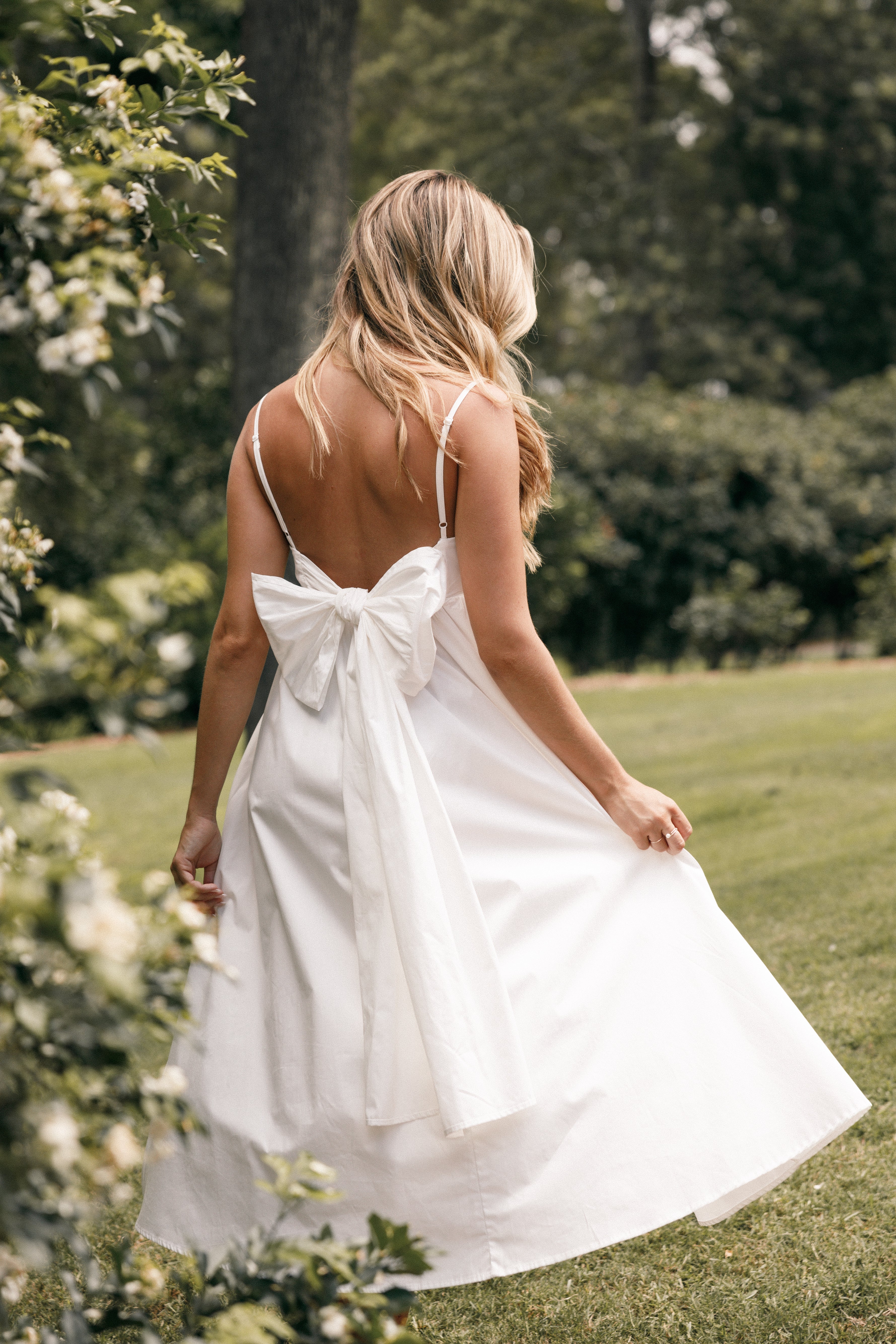 White Cotton Bow Back Midi Dress with Adjustable Straps
