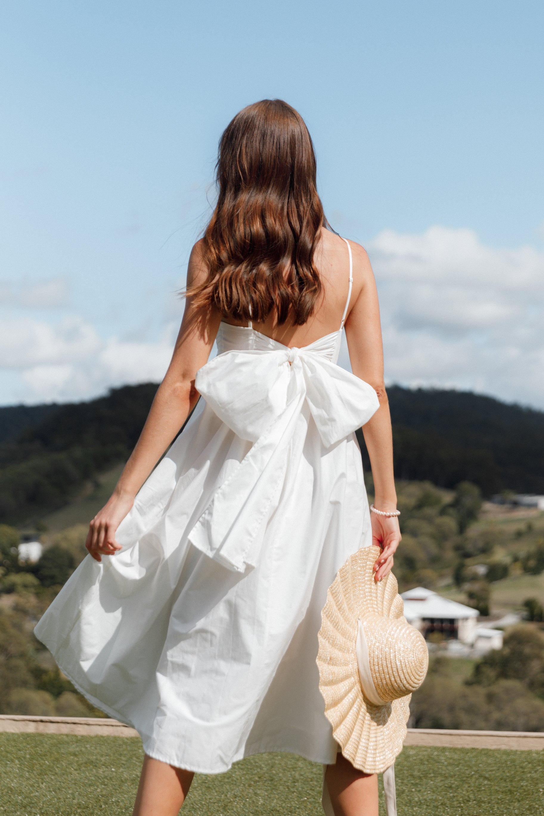 White Cotton Bow Back Midi Dress with Adjustable Straps