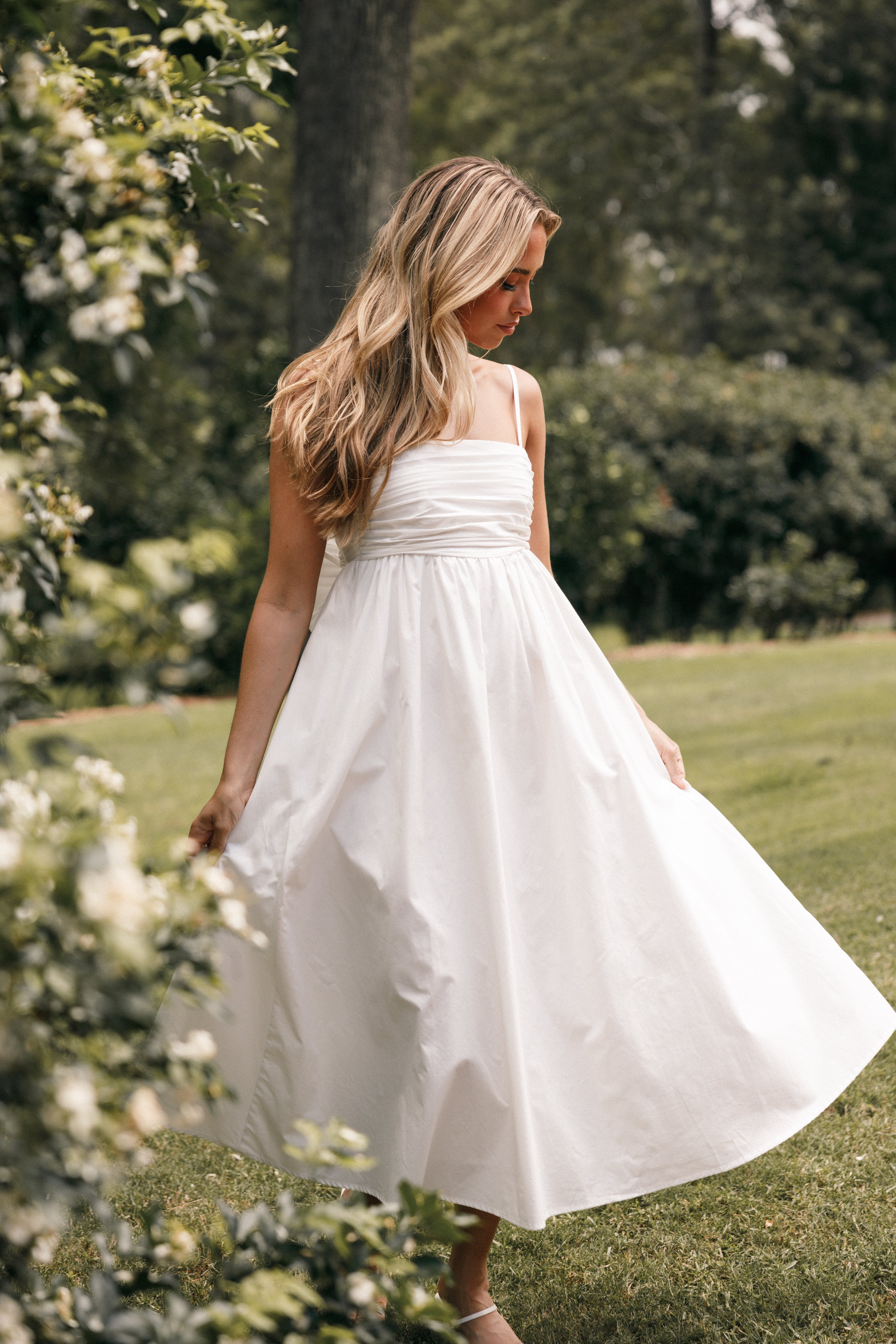 White Cotton Bow Back Midi Dress with Adjustable Straps