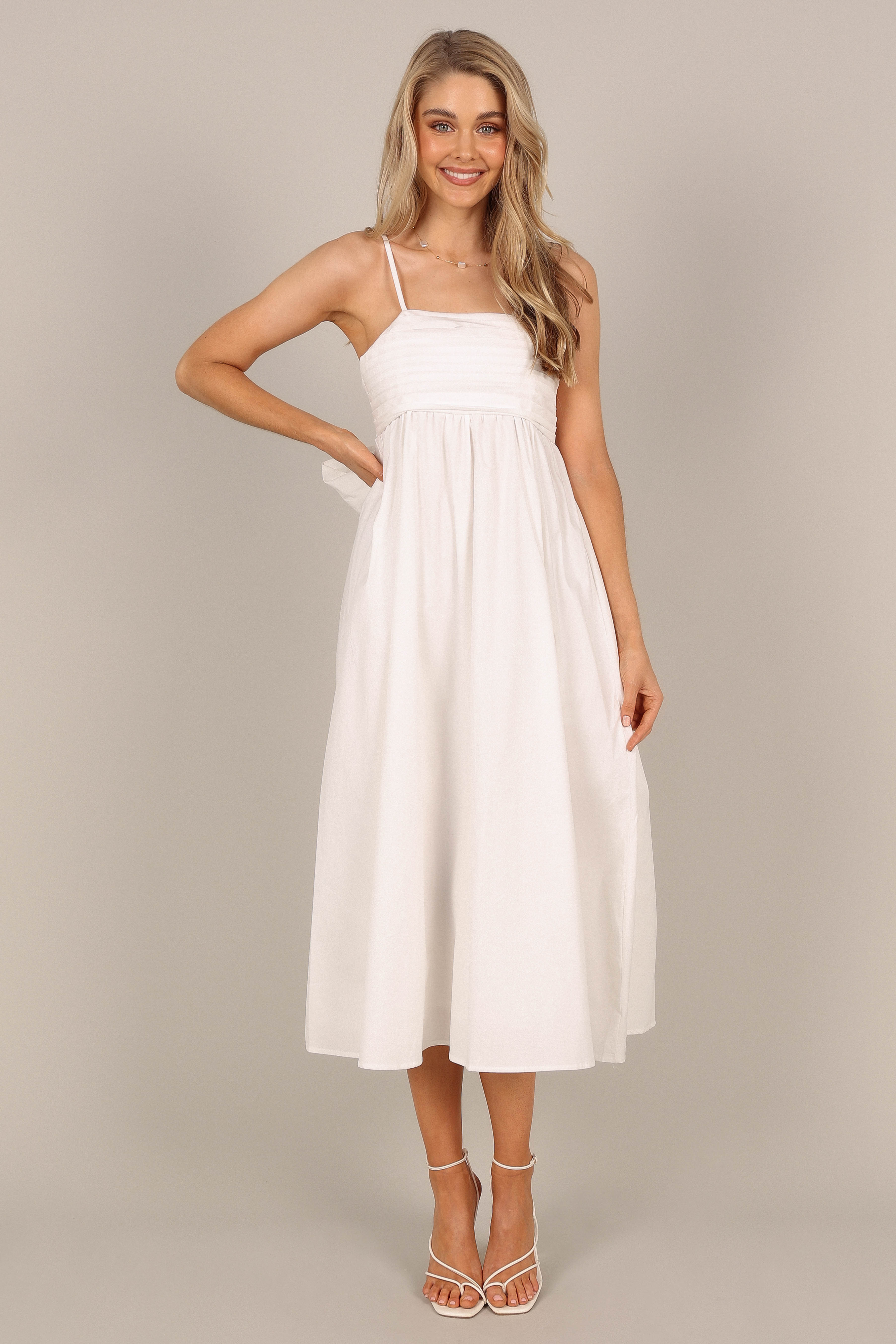 White Cotton Bow Back Midi Dress with Adjustable Straps