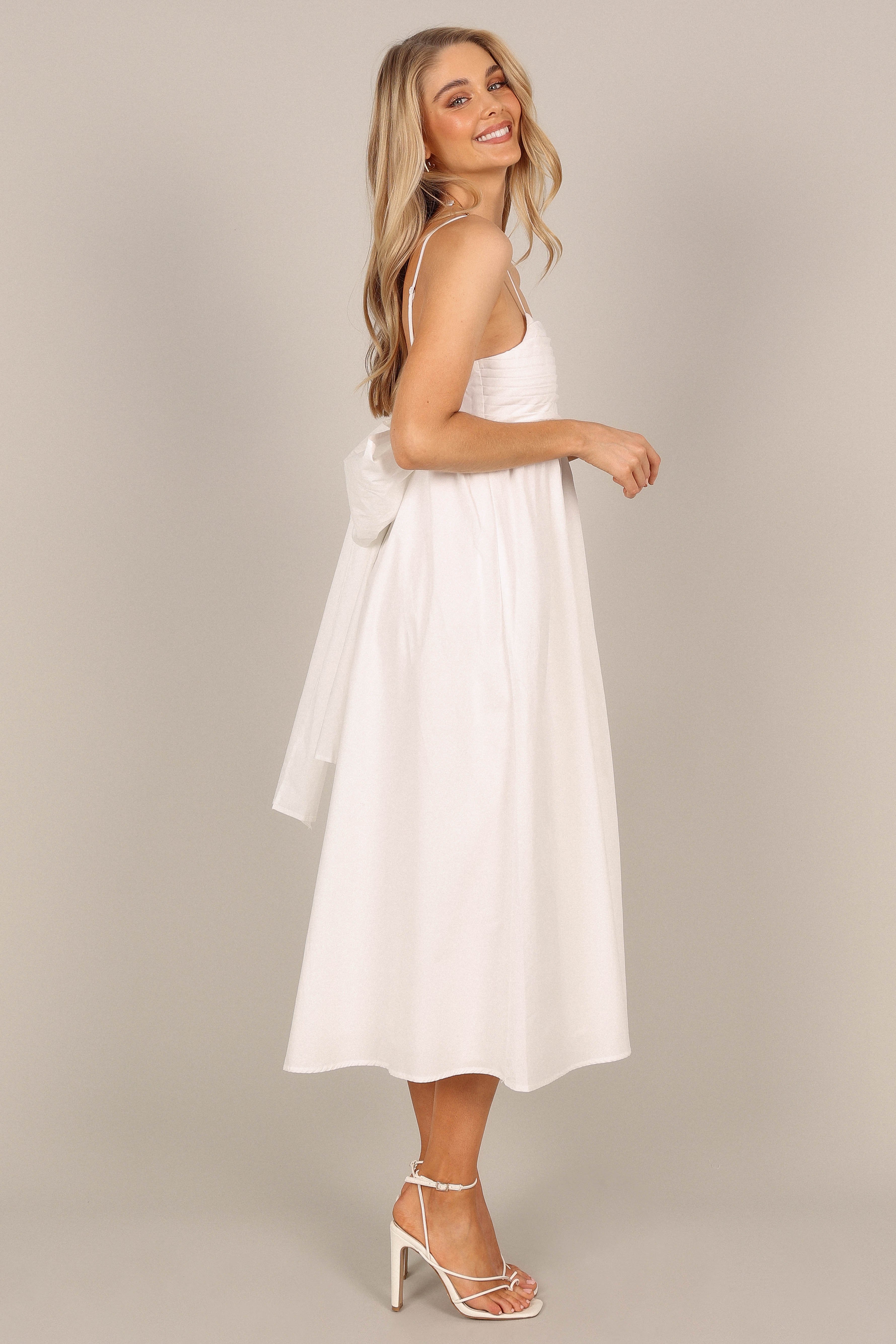 White Cotton Bow Back Midi Dress with Adjustable Straps