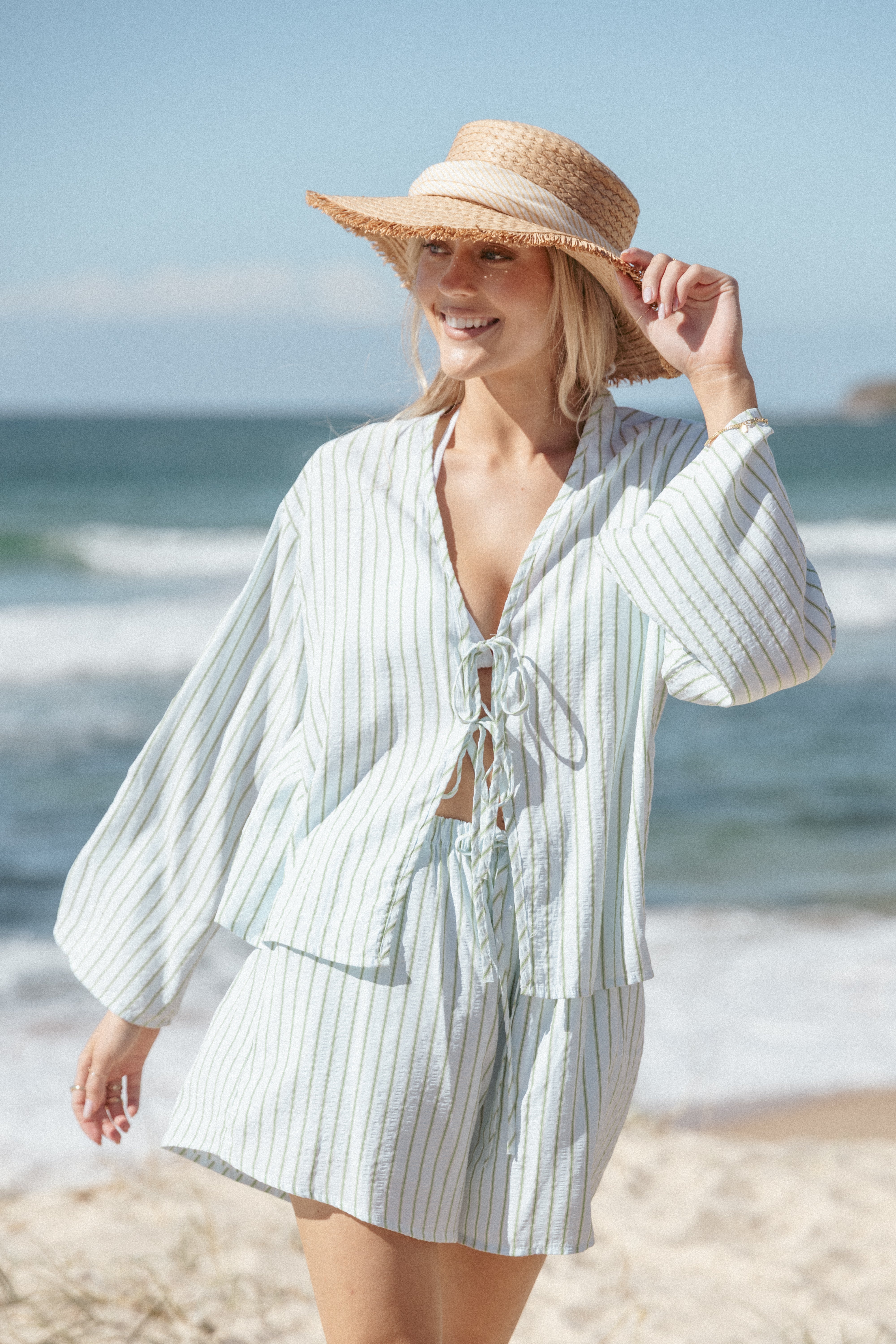 Flynn Short Set - Green Blue Stripe Top & Shorts for Women