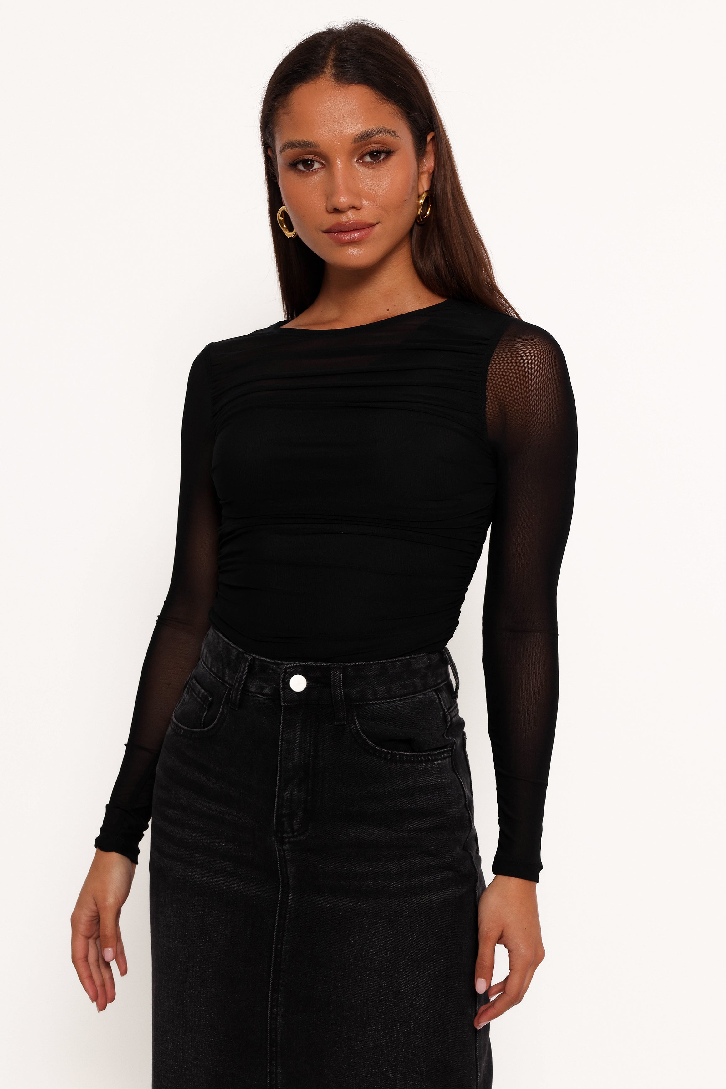 Selina Black Mesh Blouse with Long Sleeves & Ruching
