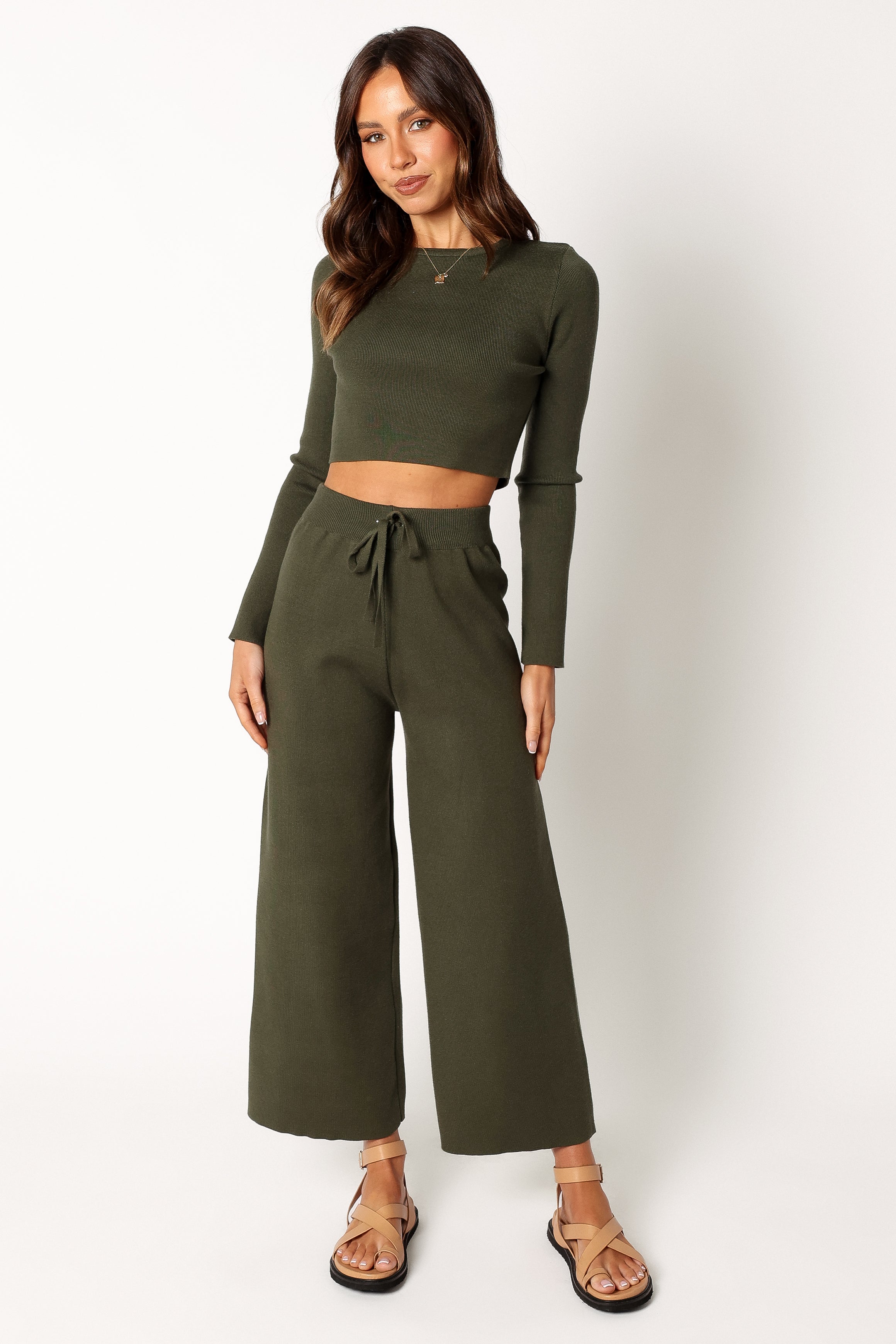 Ayers Ribbed Knit Loungewear Set - Olive Long Sleeve Top & Pants