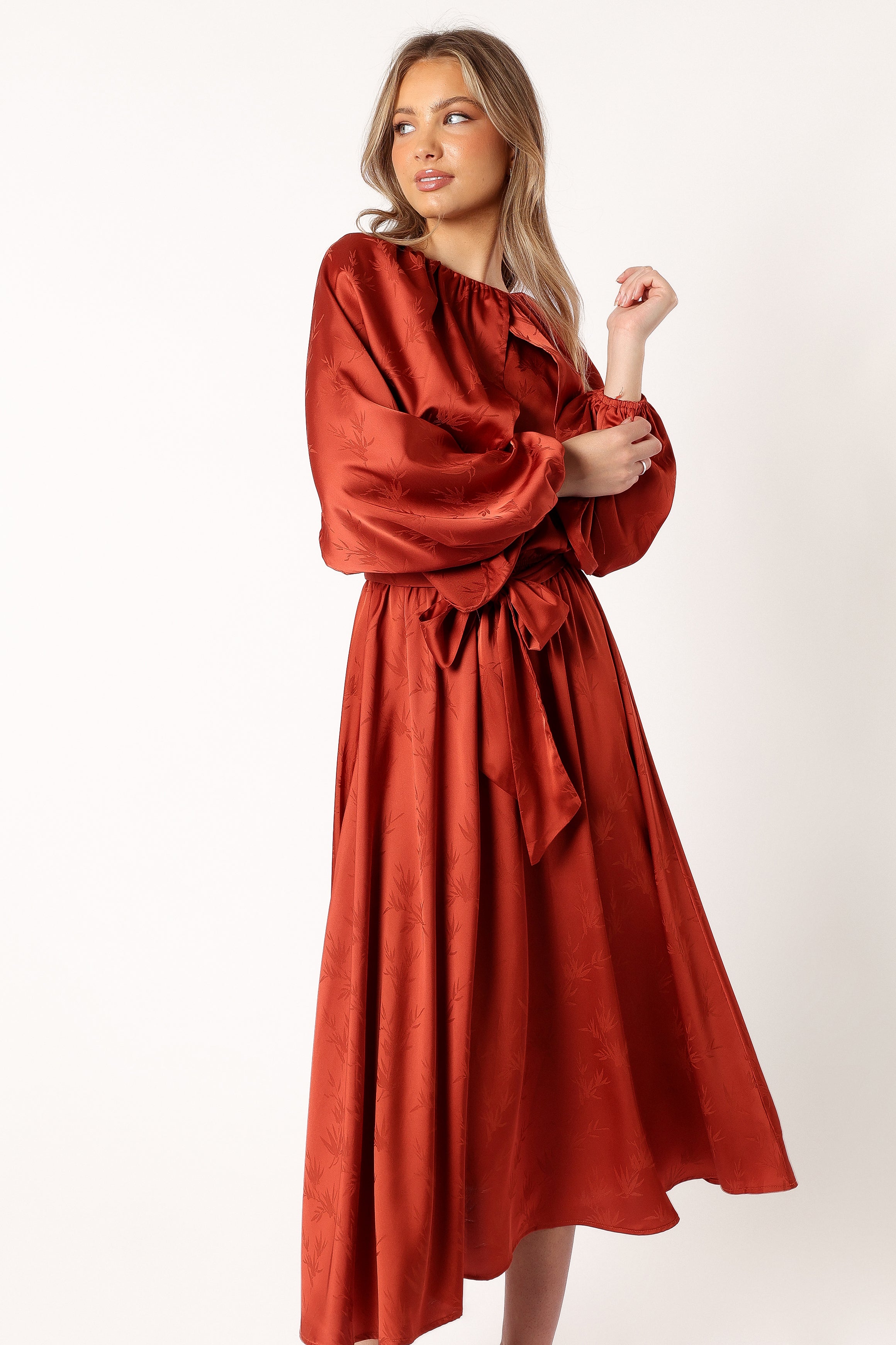 Lexie Bronze Floral Midi Dress with Long Sleeves & Detachable Tie