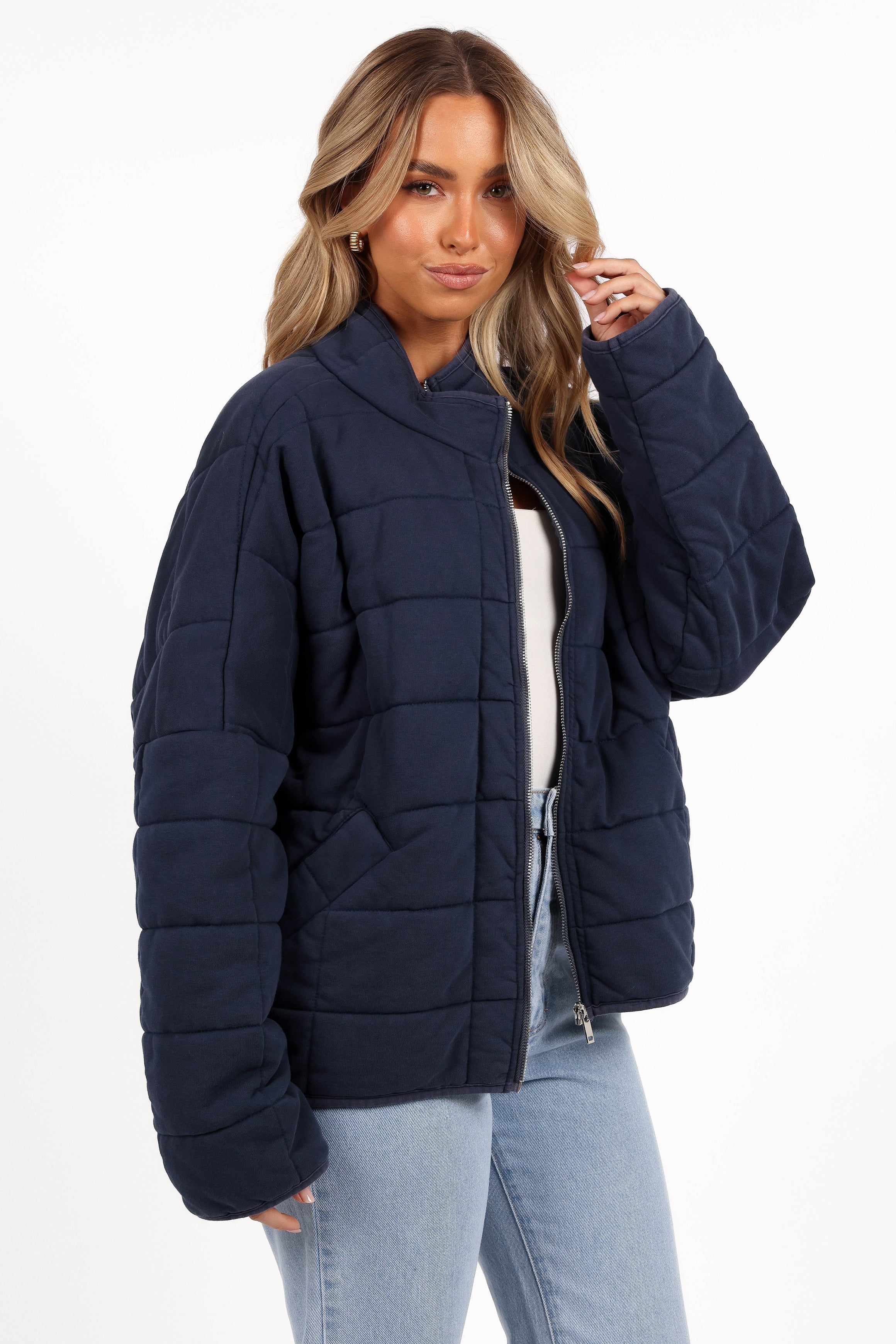 Alegra Navy Quilted Cotton Jacket for Women - Mock Neck & Zip Front