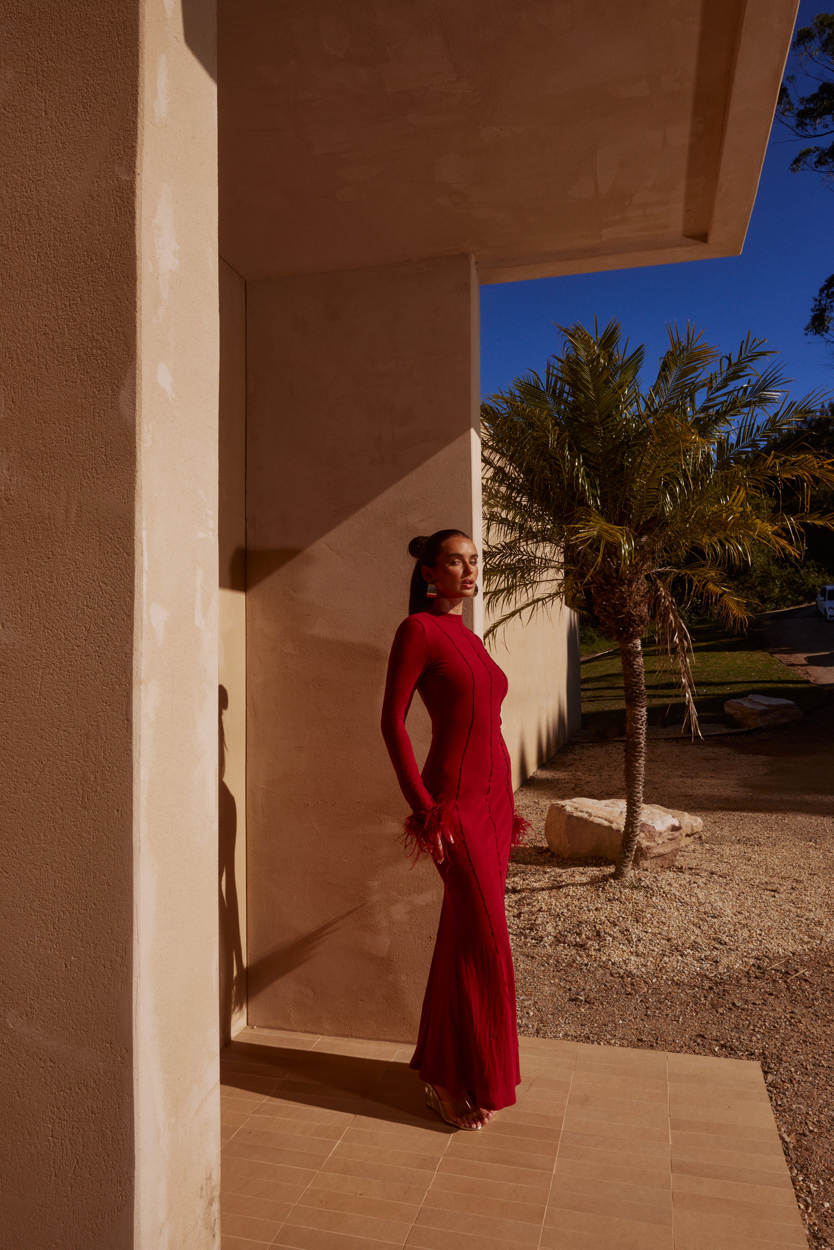 Ramoni Feather Trim Maxi Dress with Low Back - Ruby