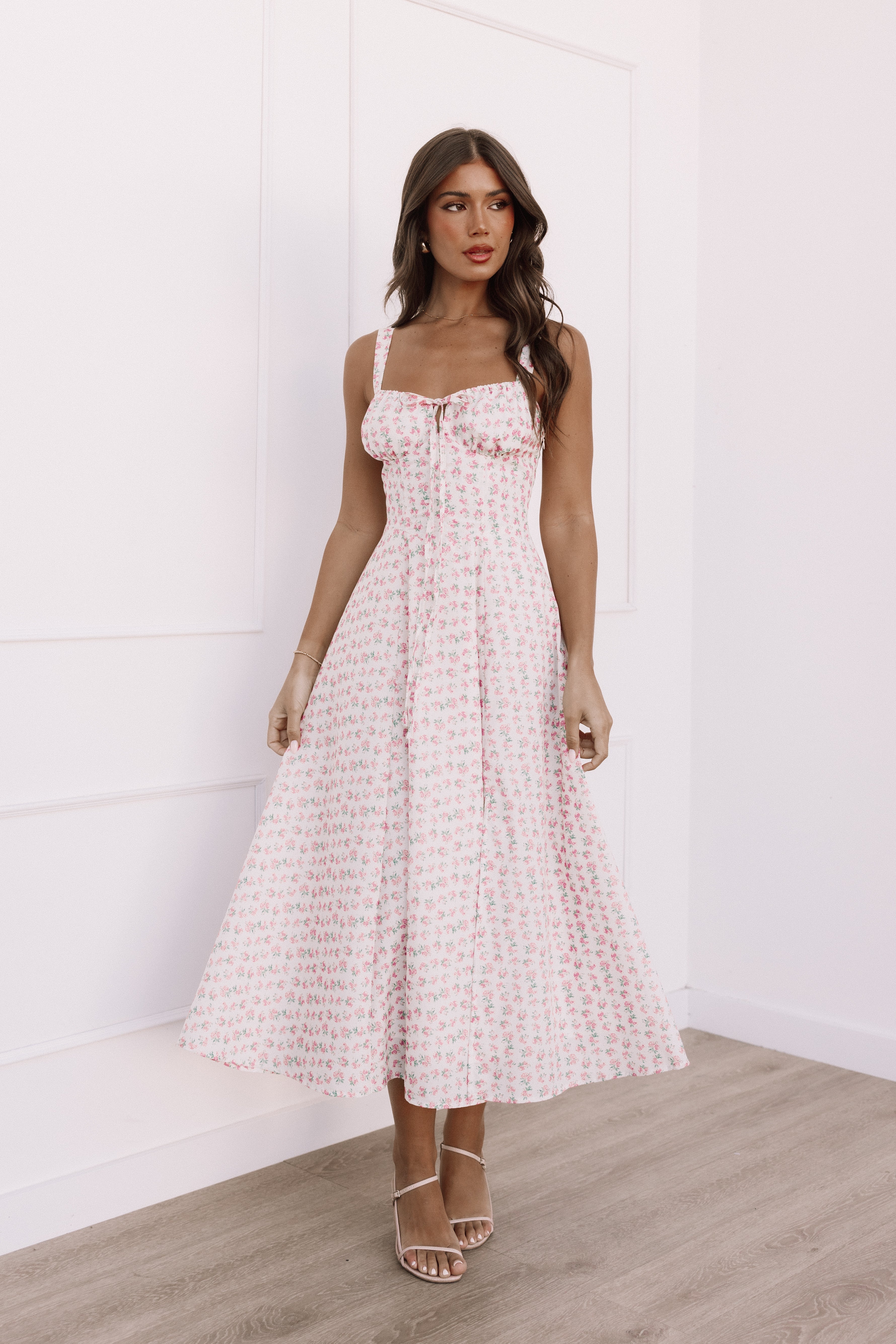 Floral Midi Dress with Lace-Up Back – Pink Elodie Dress