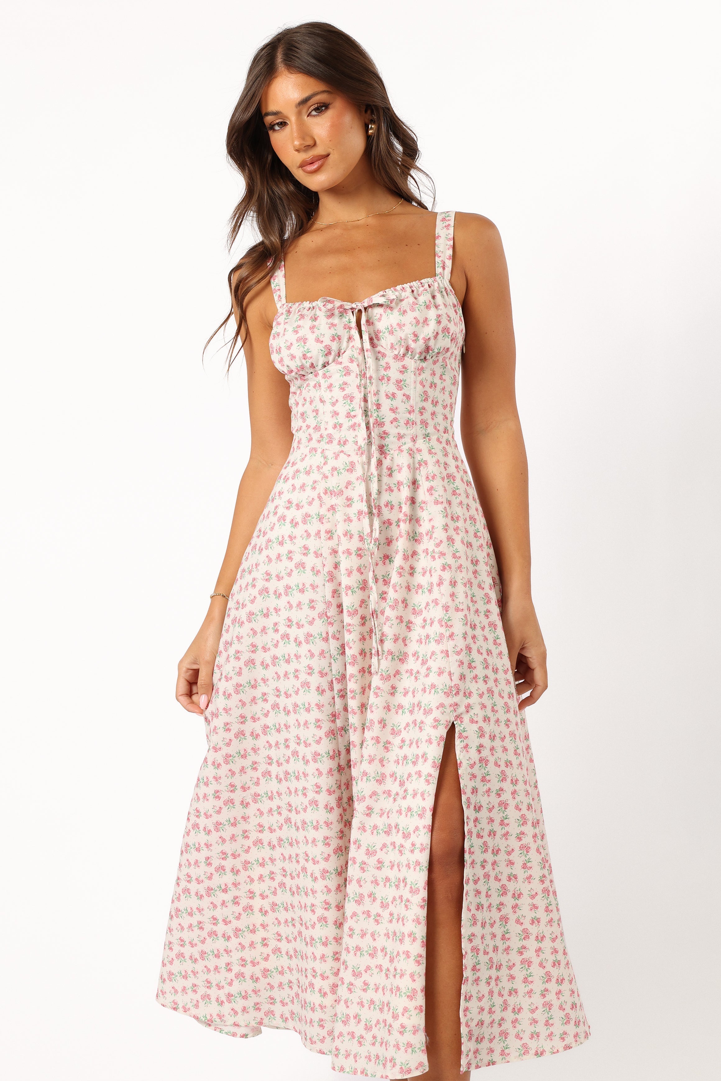 Floral Midi Dress with Lace-Up Back – Pink Elodie Dress