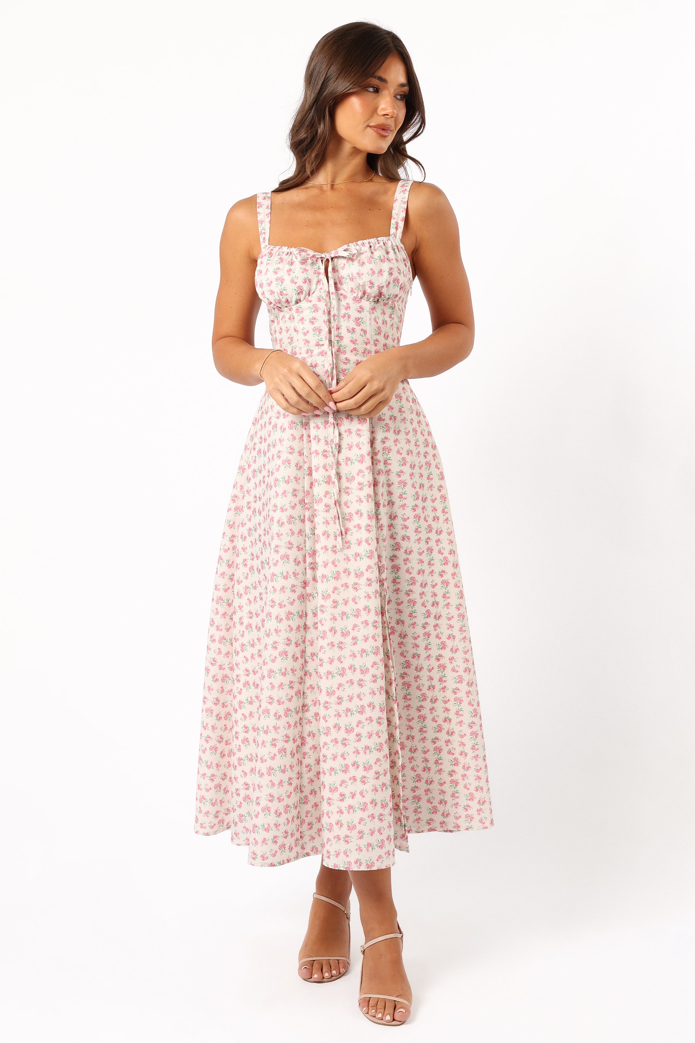 Floral Midi Dress with Lace-Up Back – Pink Elodie Dress