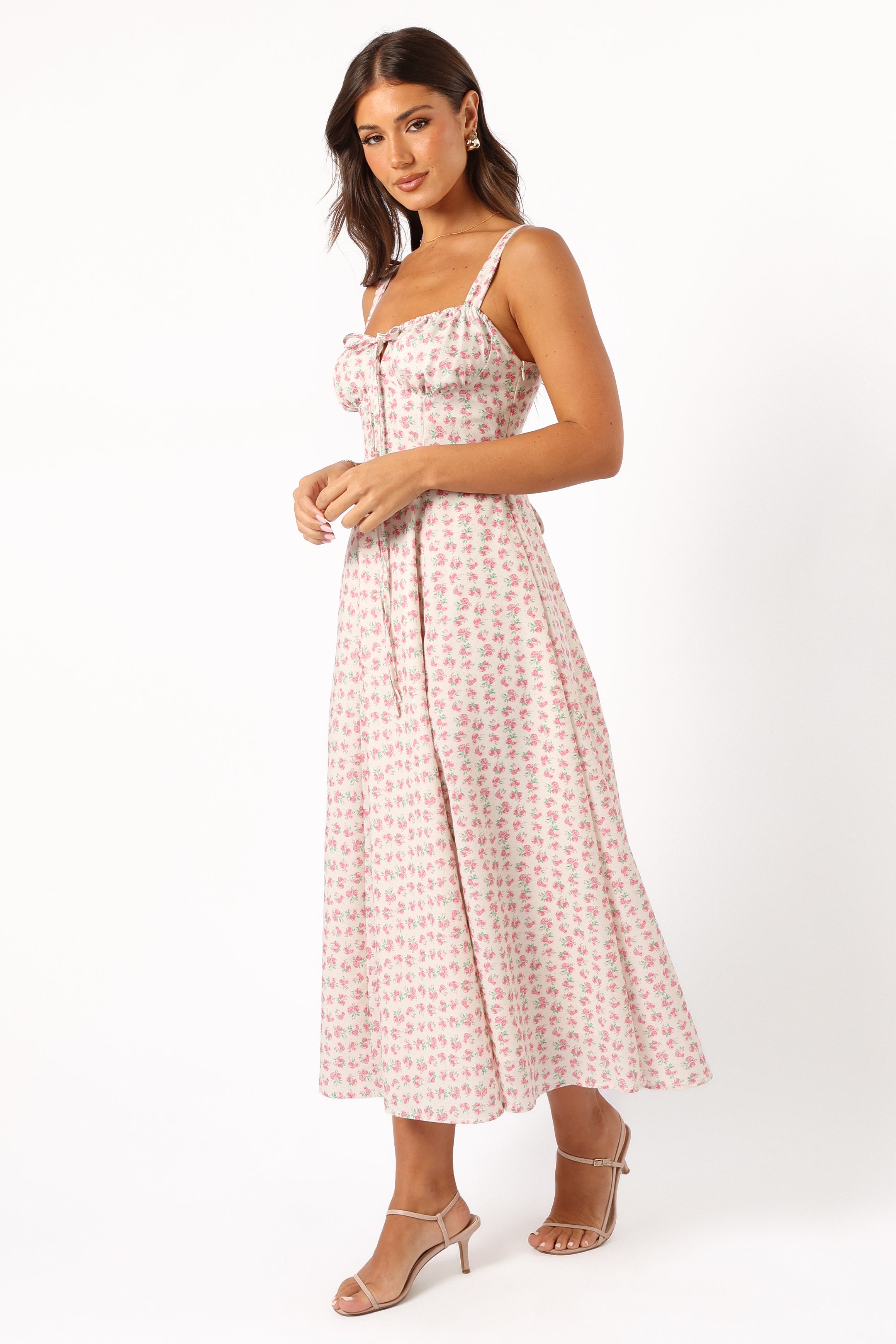 Floral Midi Dress with Lace-Up Back – Pink Elodie Dress