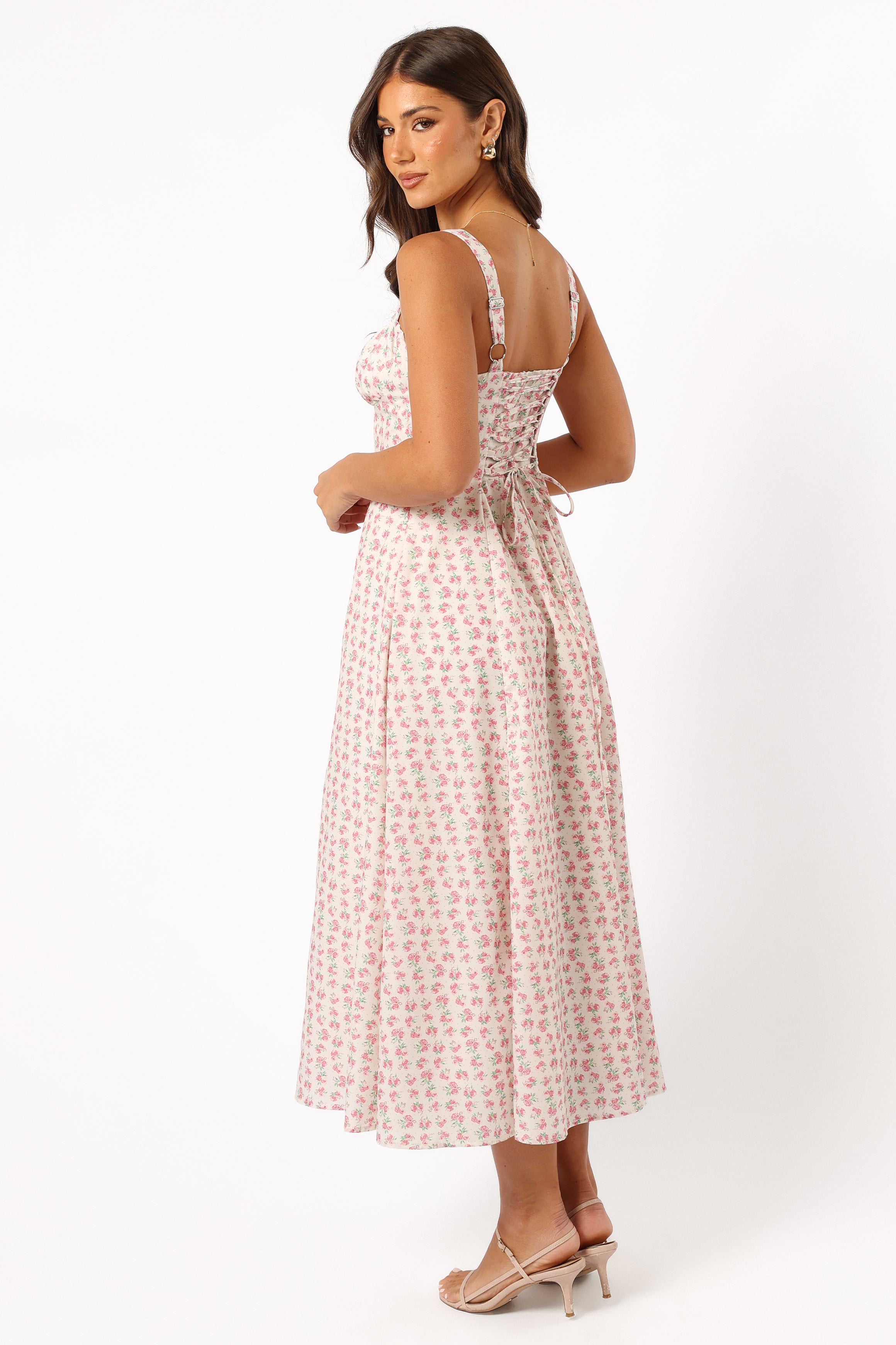 Floral Midi Dress with Lace-Up Back – Pink Elodie Dress