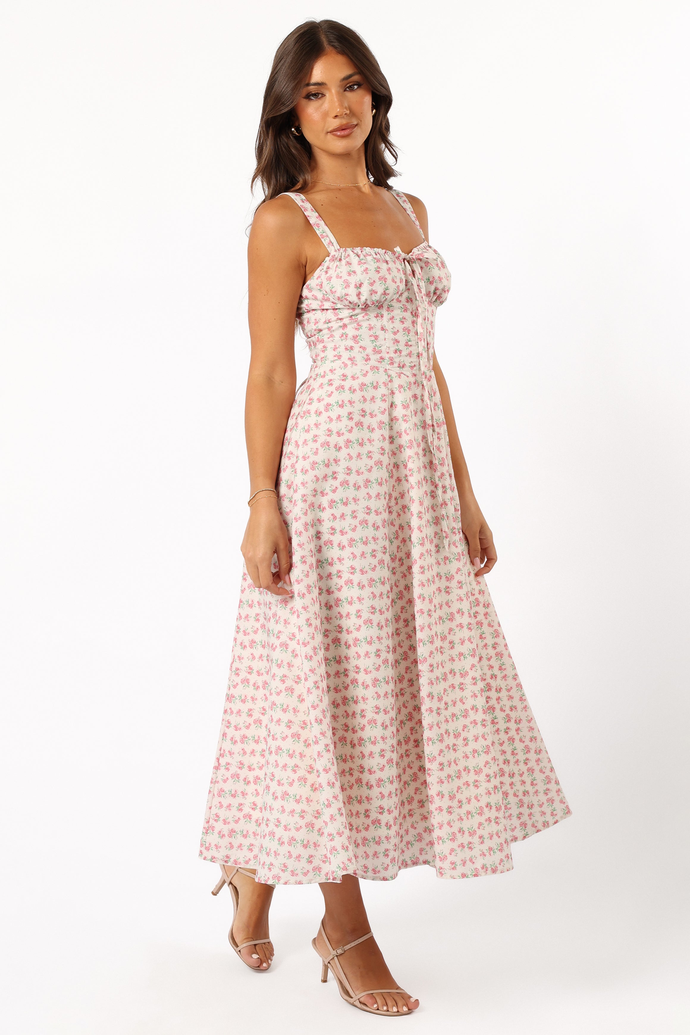 Floral Midi Dress with Lace-Up Back – Pink Elodie Dress
