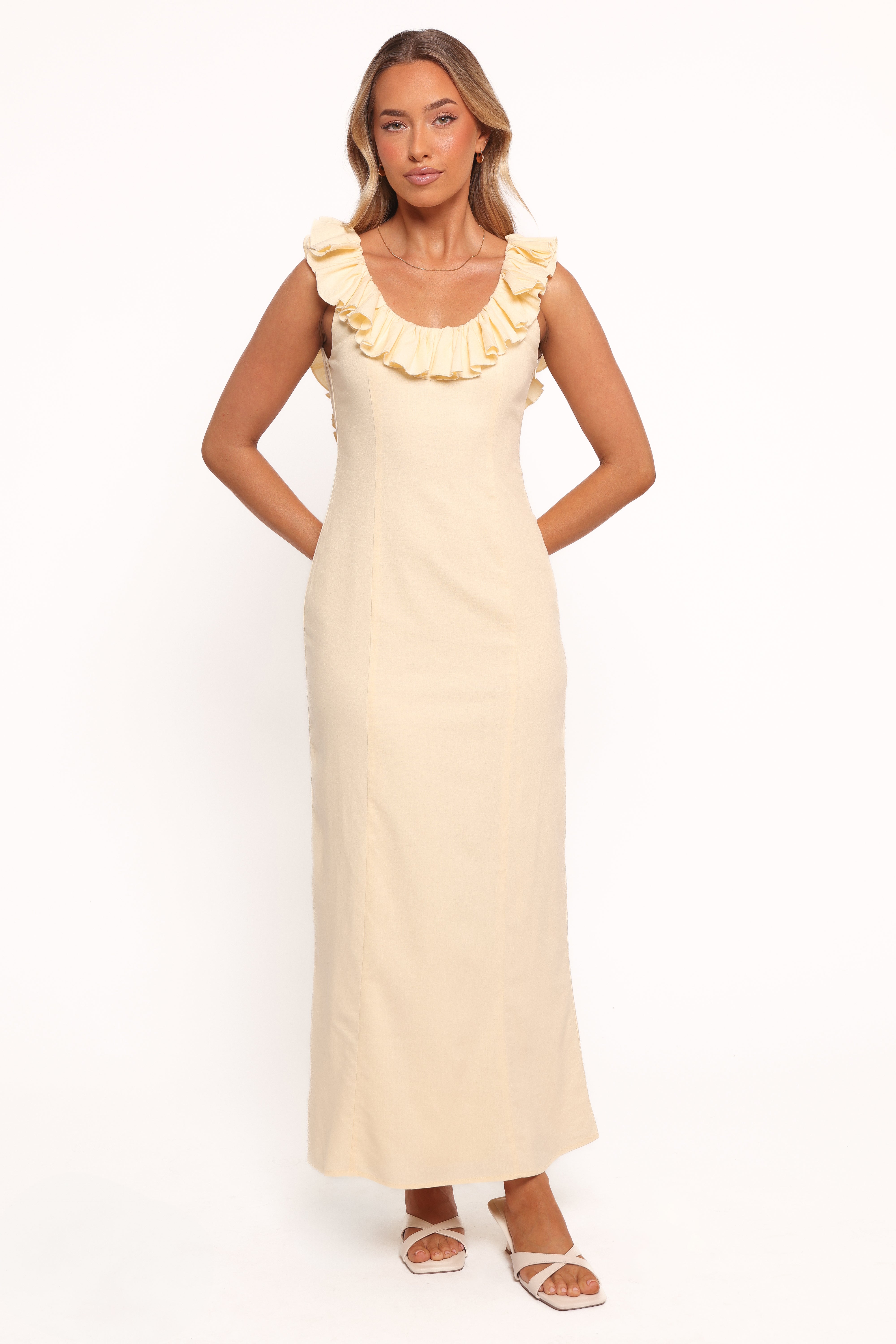 Butter Yellow Brienne Maxi Dress with Low Back & Ruffle Detail