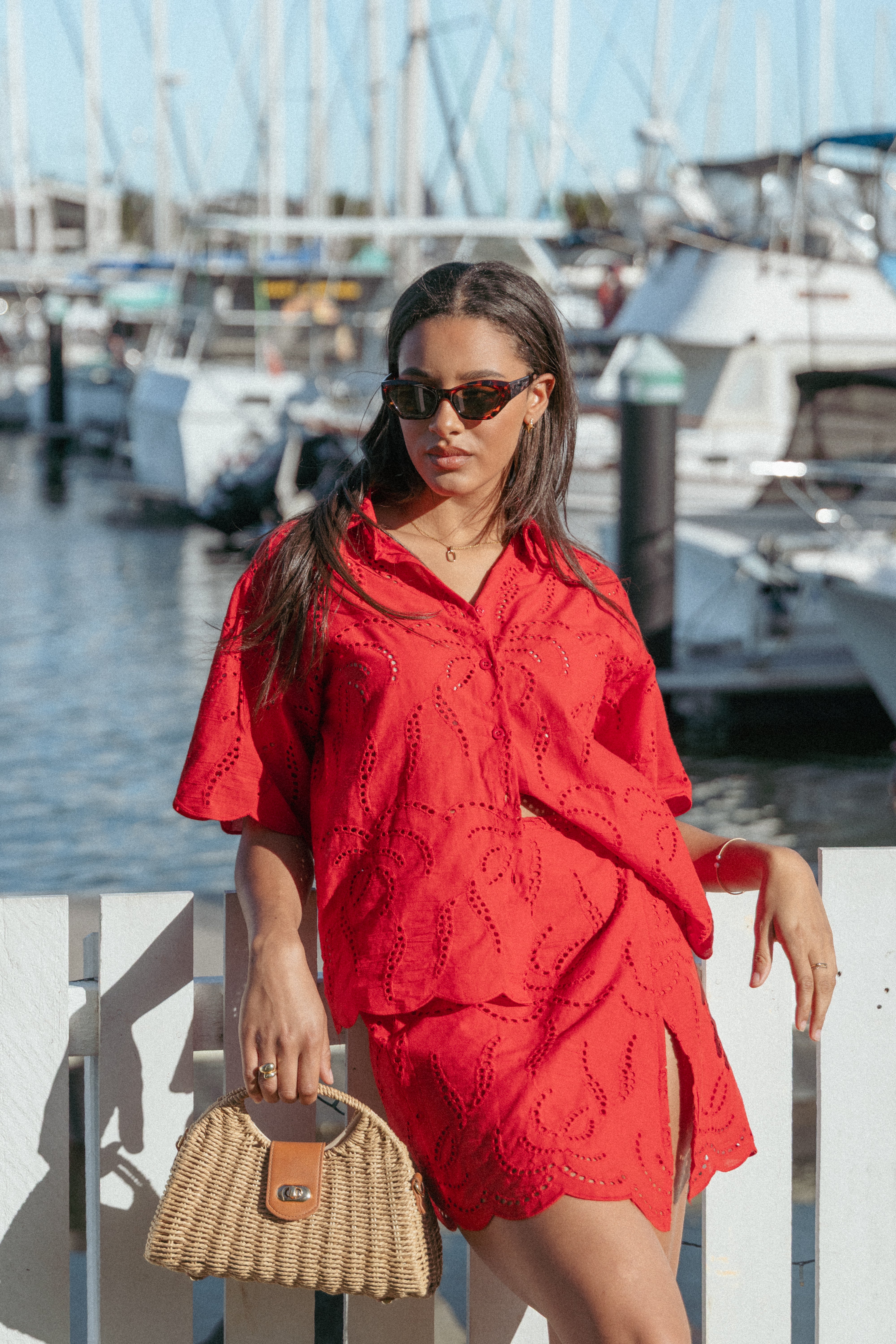 Women's Cotton Gallie Skirt Set - Red Wrap Design V-Neck Top