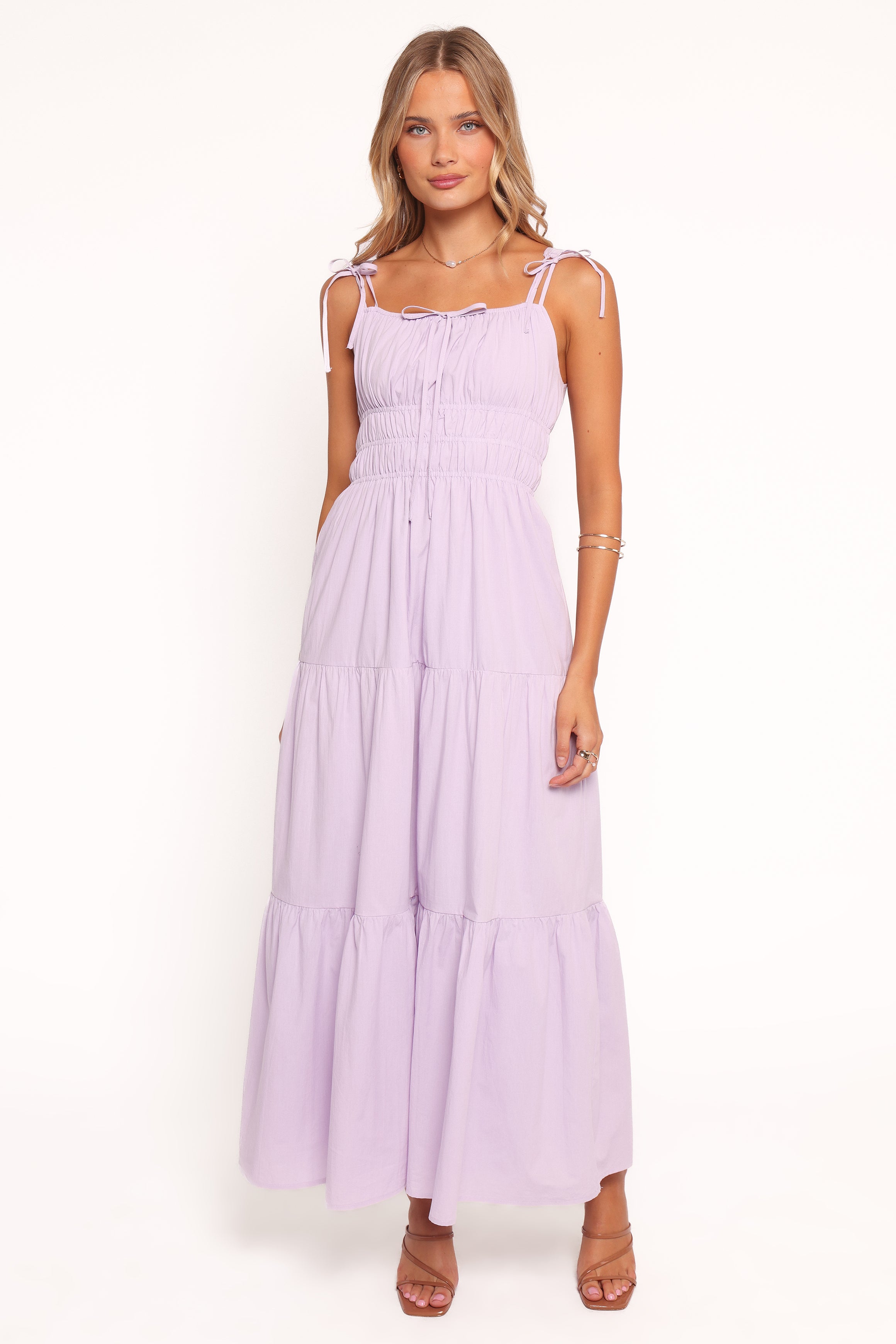 Ione Lavender Maxi Dress with Square Neckline & Tiered Skirt