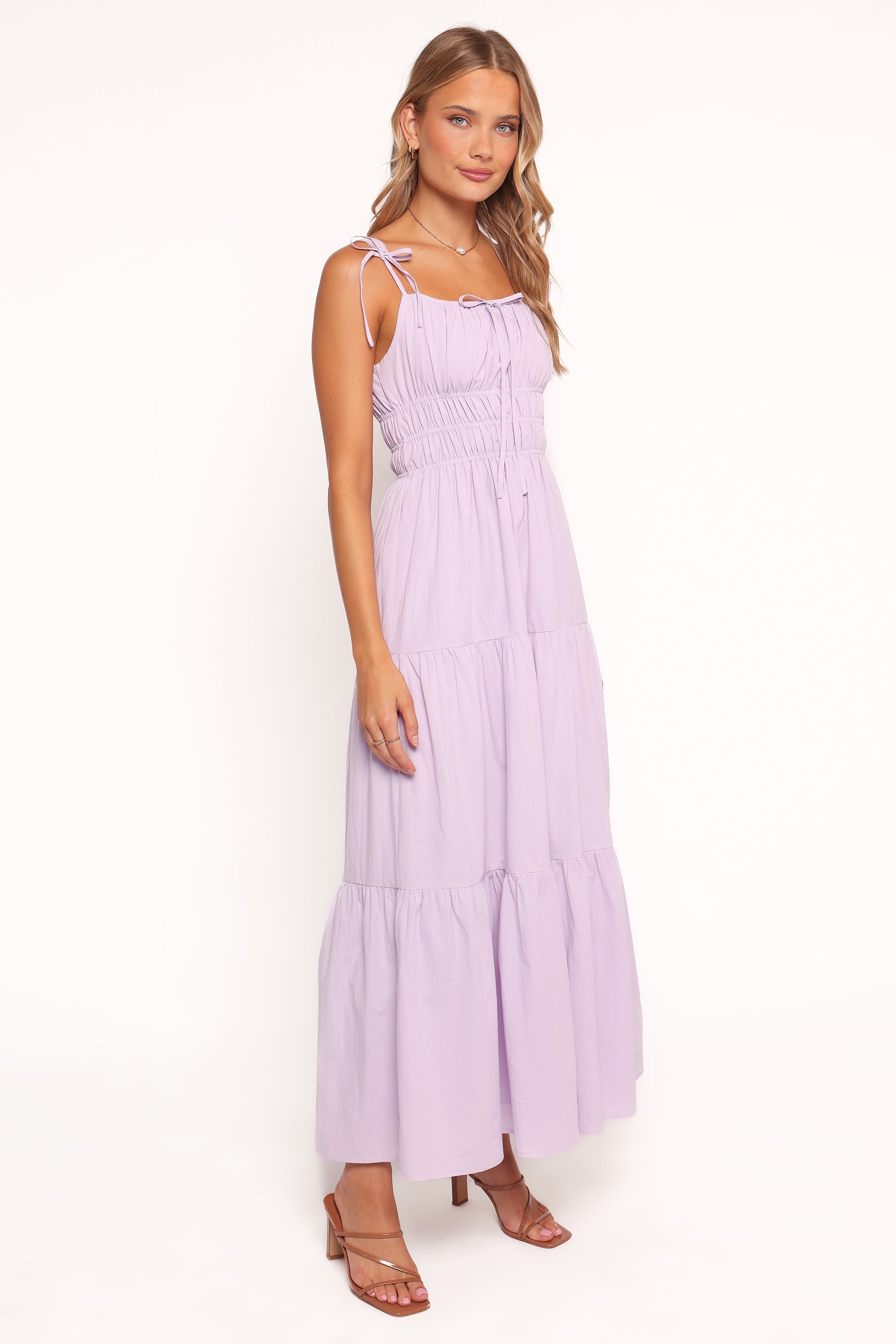 Ione Lavender Maxi Dress with Square Neckline & Tiered Skirt