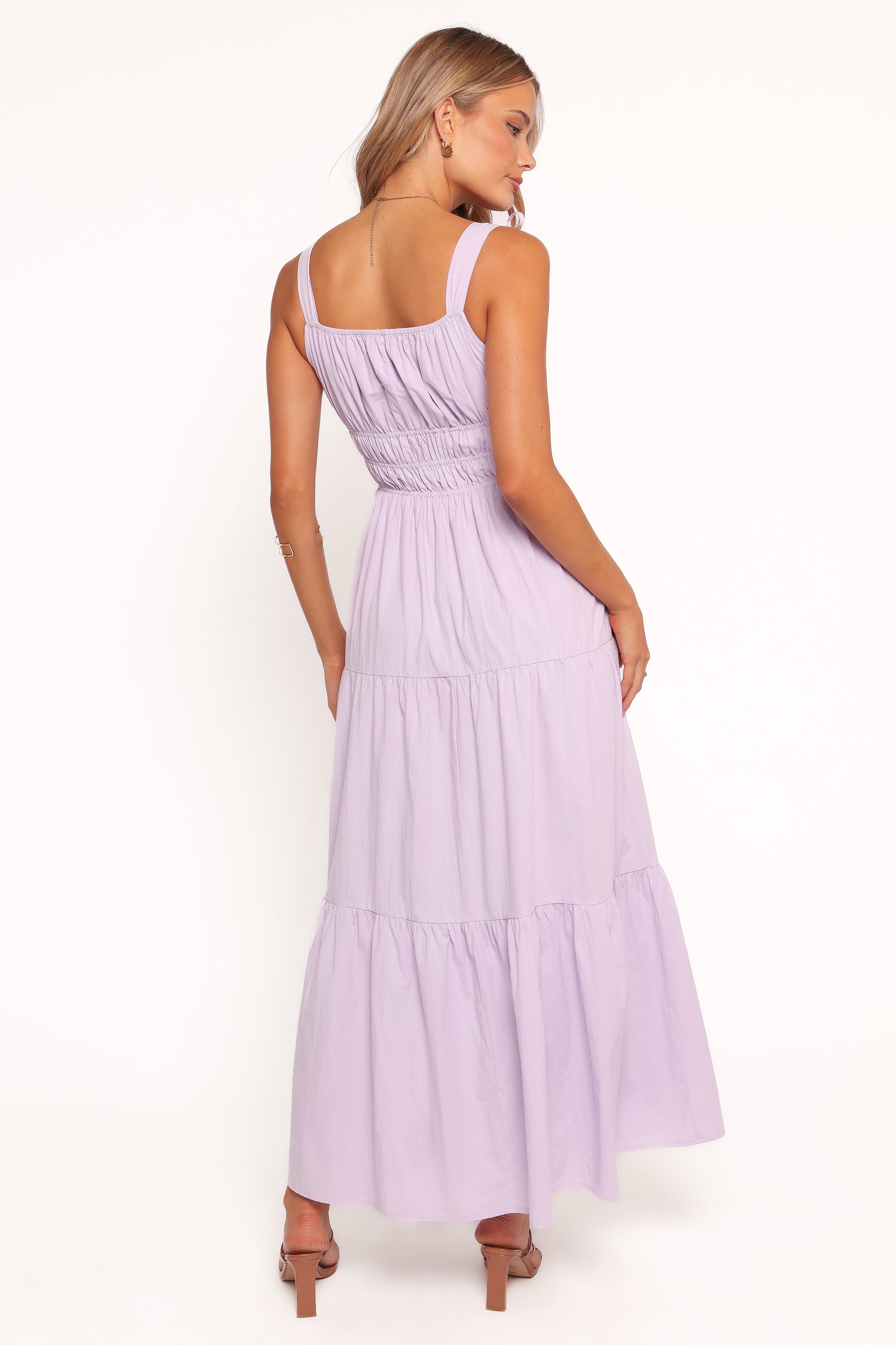 Ione Lavender Maxi Dress with Square Neckline & Tiered Skirt