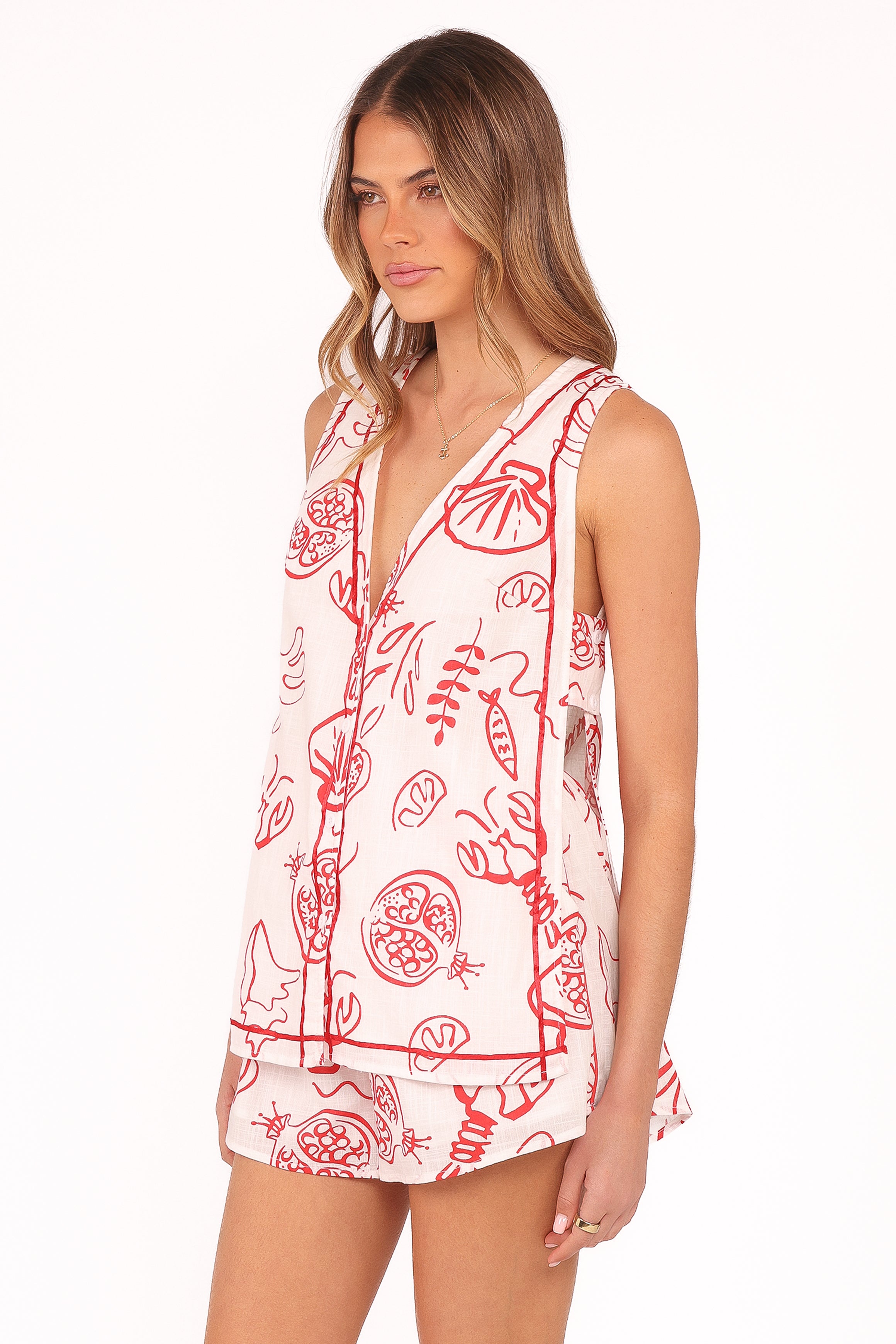 Red Lobster Print Cotton Short Set - V-Neck & High Waist