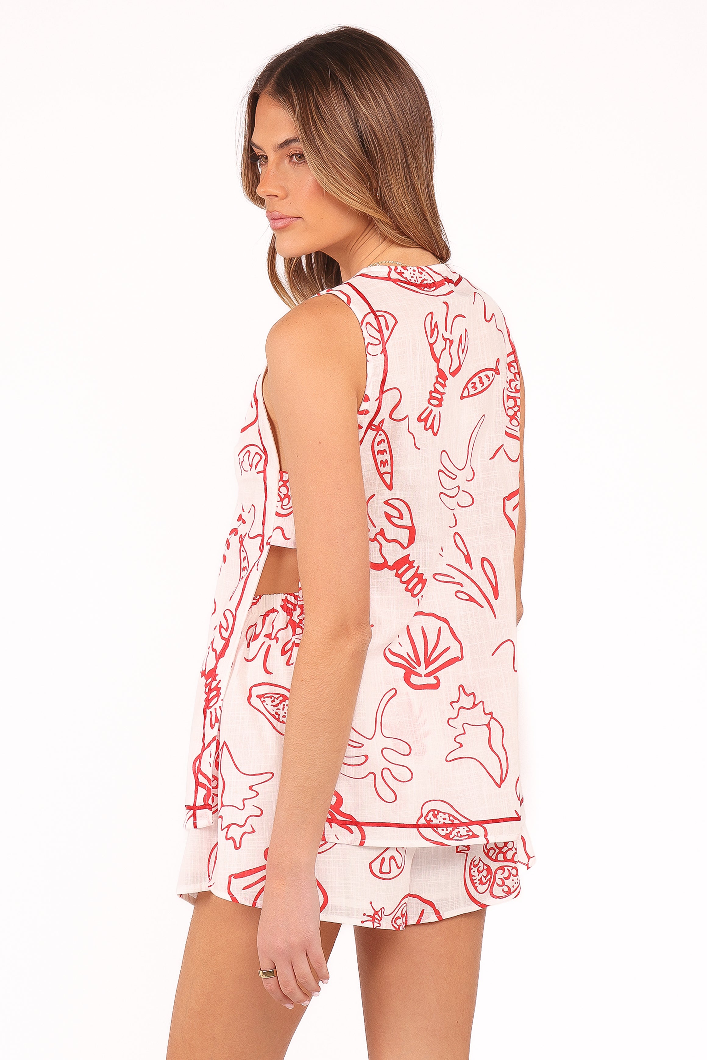 Red Lobster Print Cotton Short Set - V-Neck & High Waist