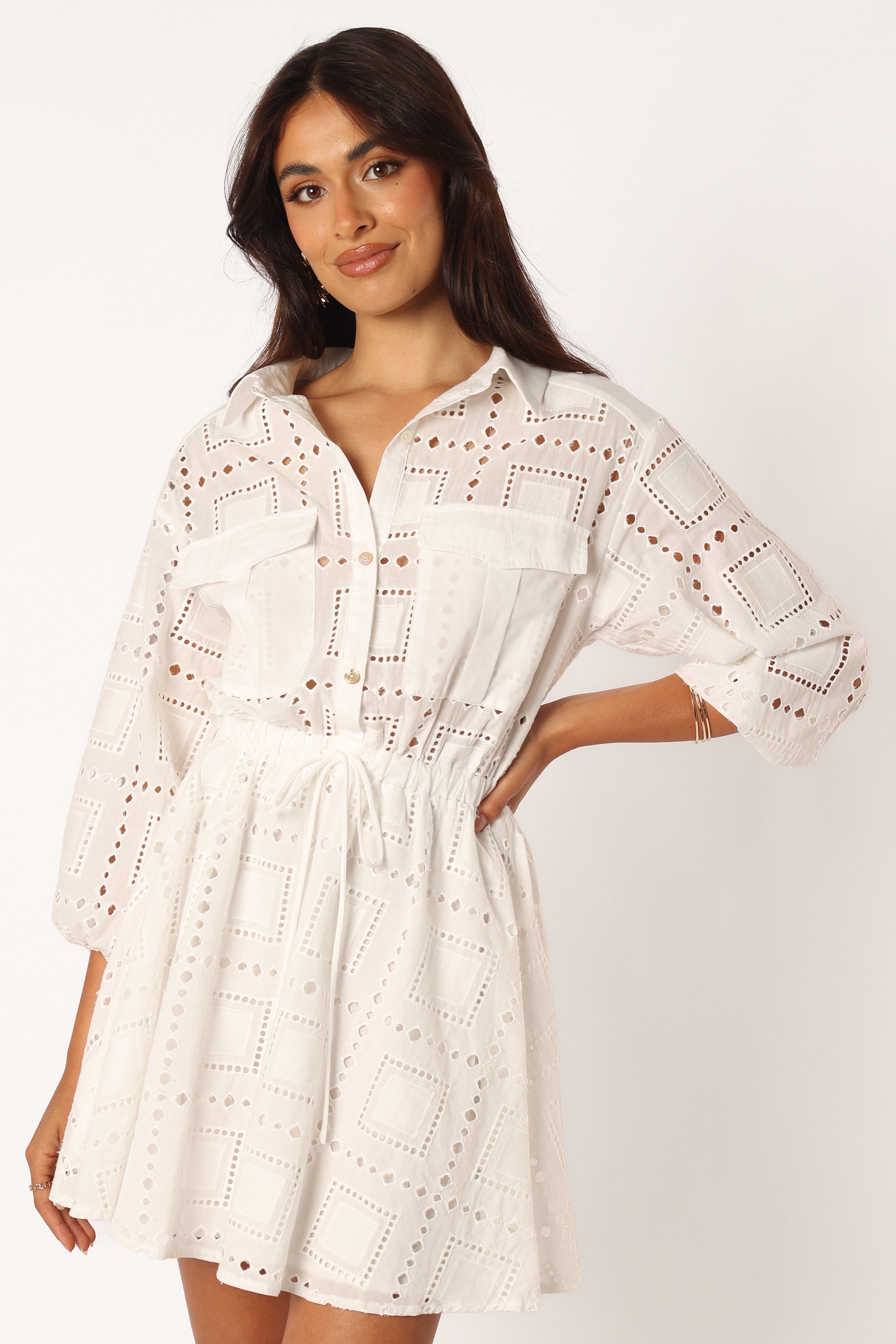 Women's White V-Neck Mini Dress with Drawstring Waist & Pockets