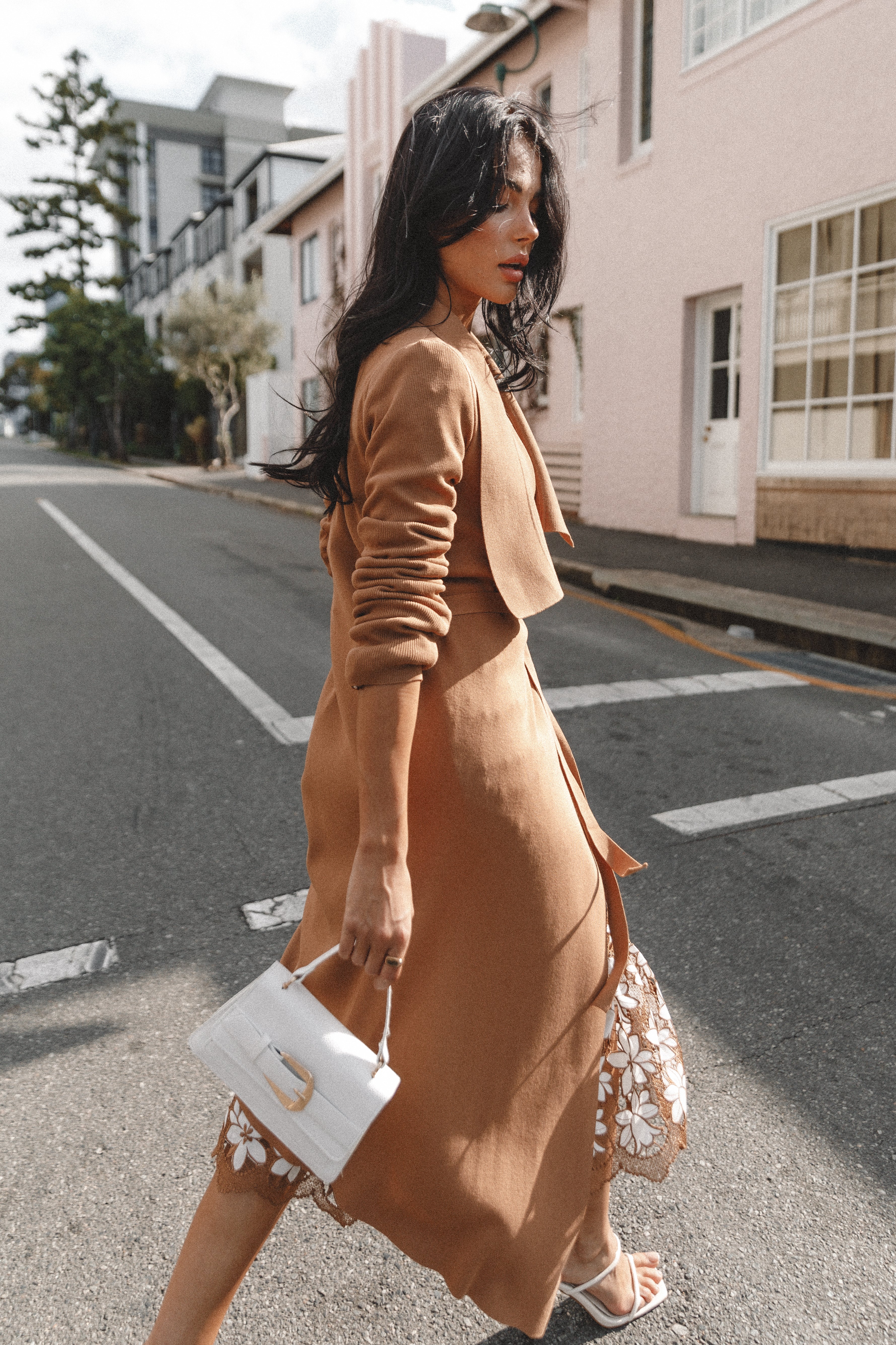 Audrina Ribbed Knit Longline Cardigan with Waist Tie - Camel