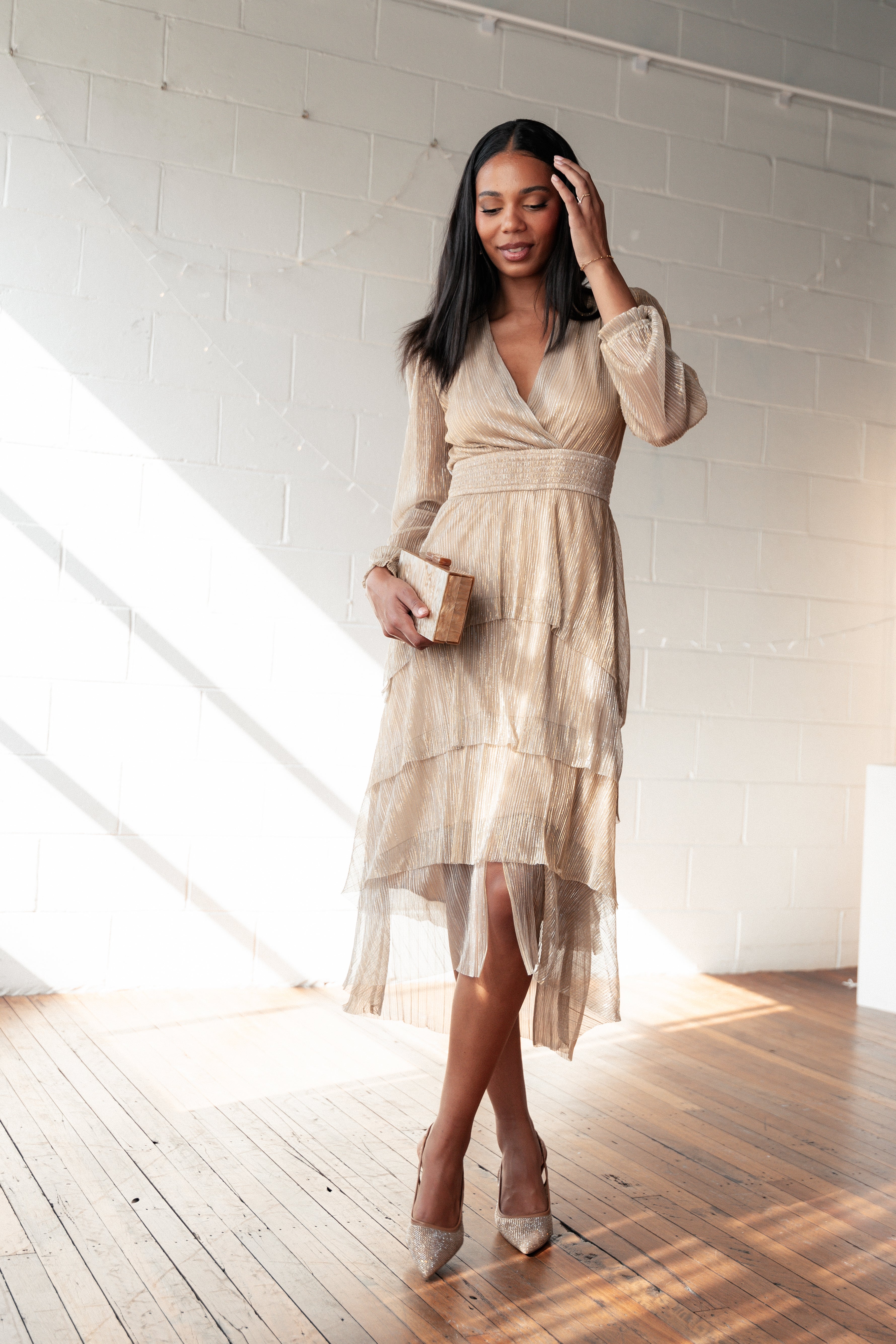 Champagne Gold Pleated Midi Dress with V-Neck & Tiered Skirt - Cybil