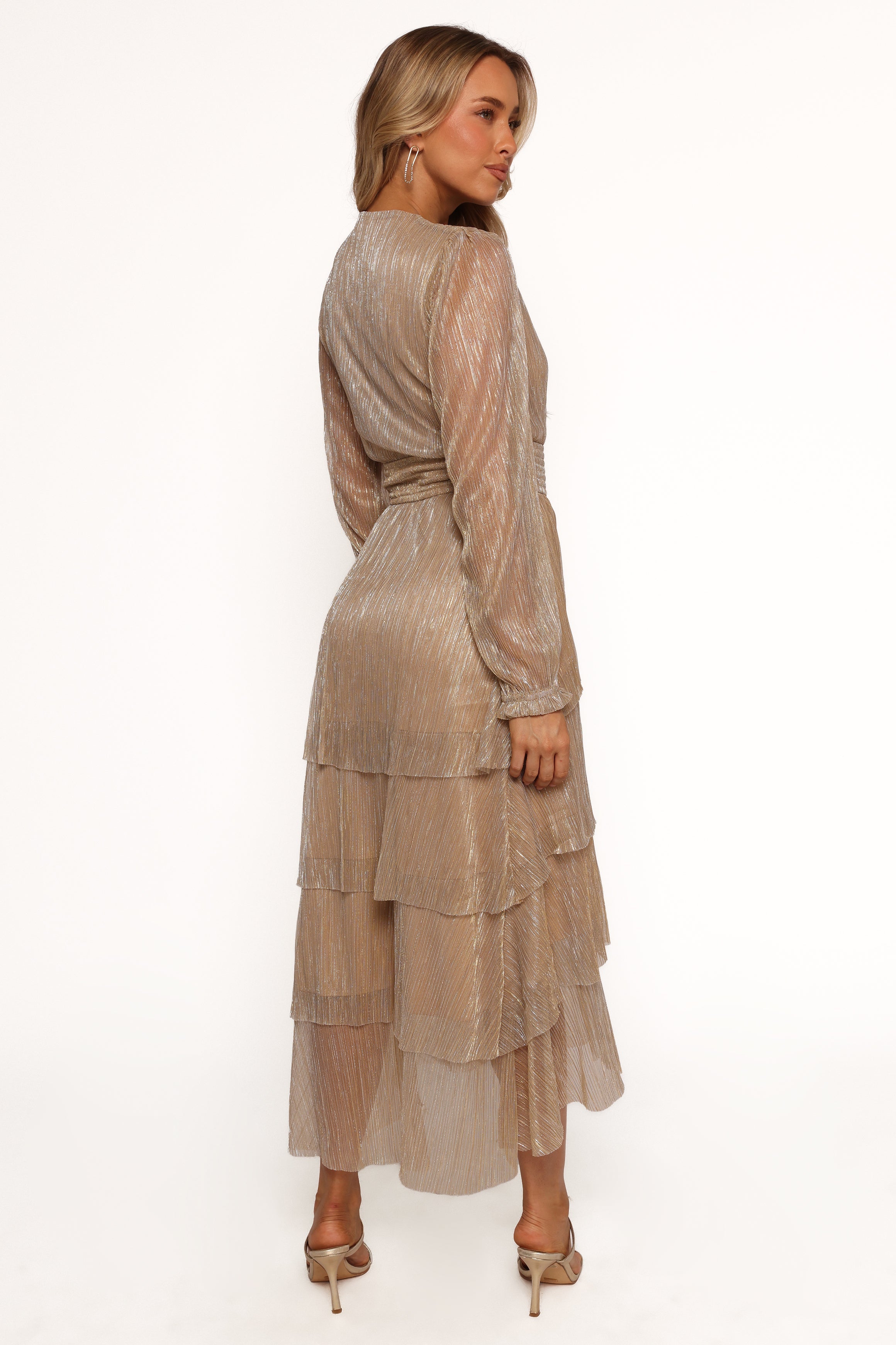 Champagne Gold Pleated Midi Dress with V-Neck & Tiered Skirt - Cybil