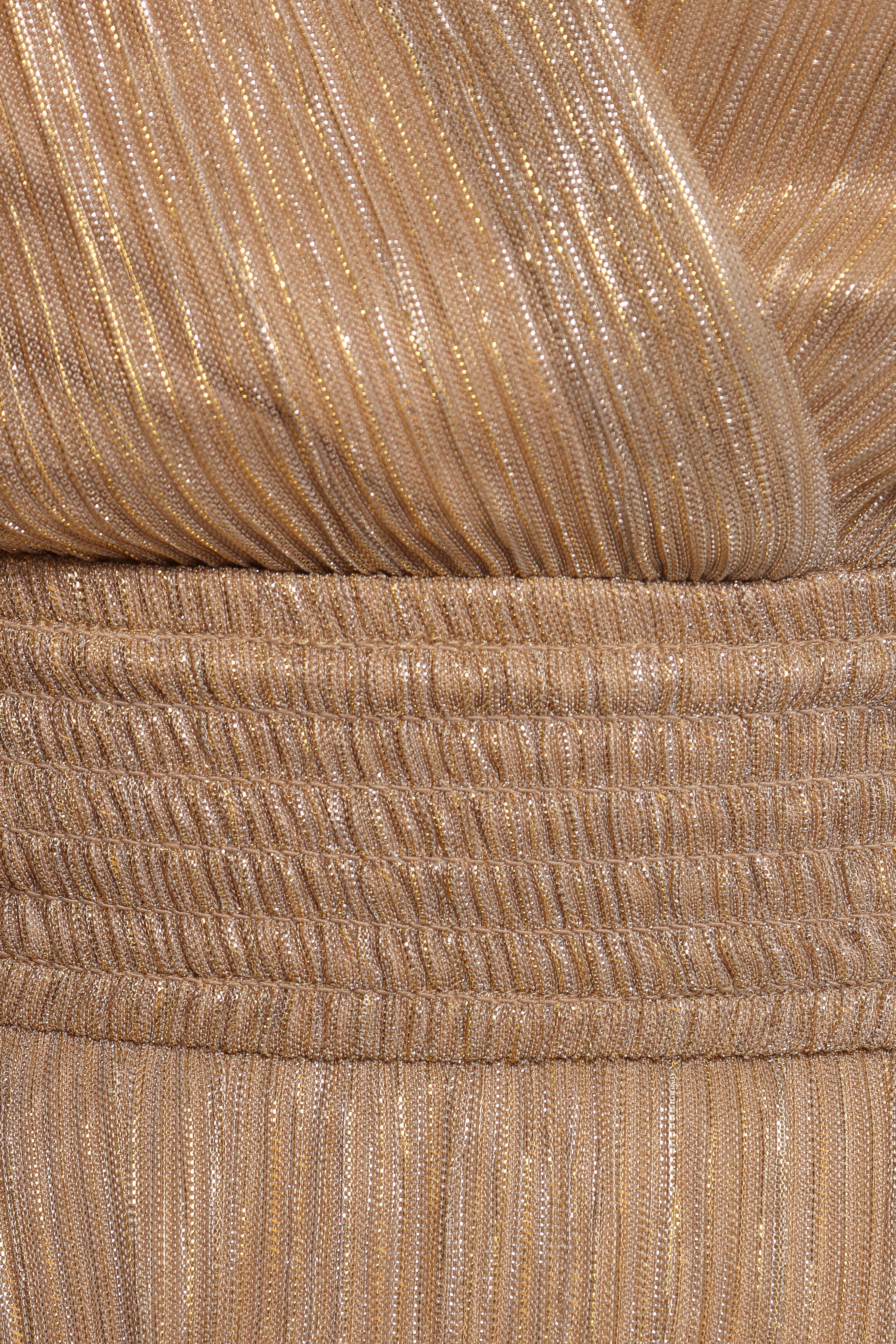 Champagne Gold Pleated Midi Dress with V-Neck & Tiered Skirt - Cybil