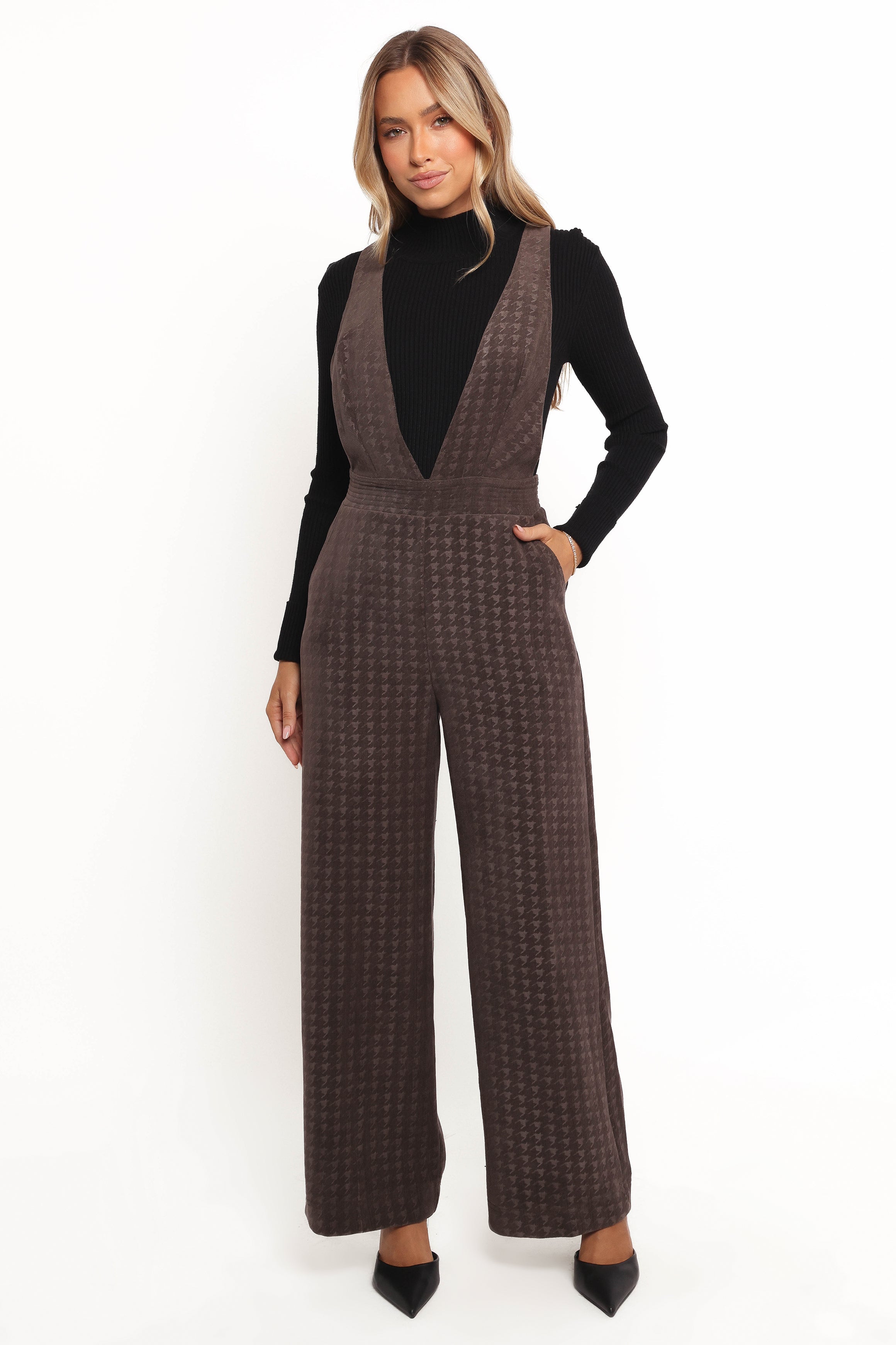 Yvettie Brown Houndstooth Jumpsuit with V Neck & Pockets