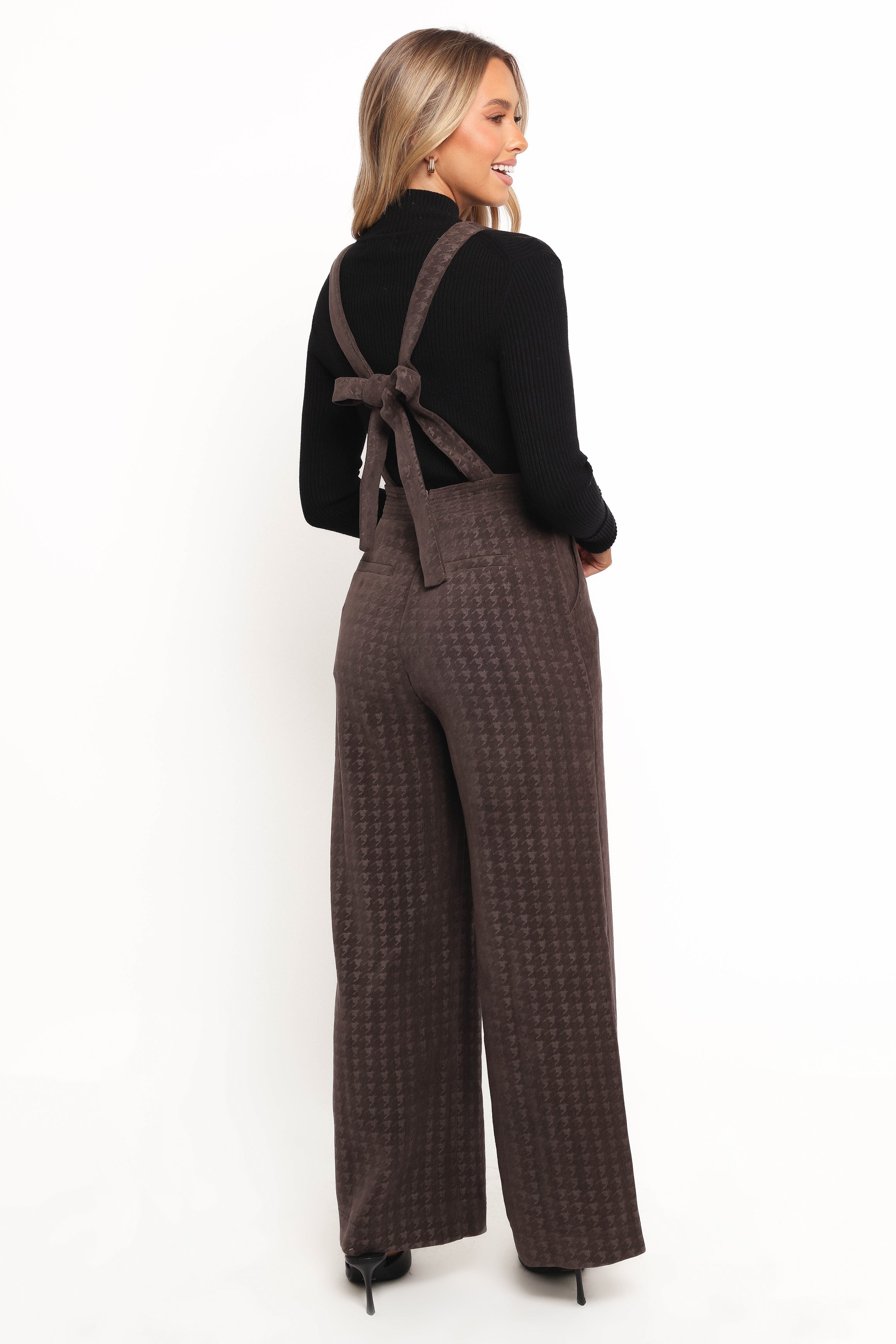 Yvettie Brown Houndstooth Jumpsuit with V Neck & Pockets