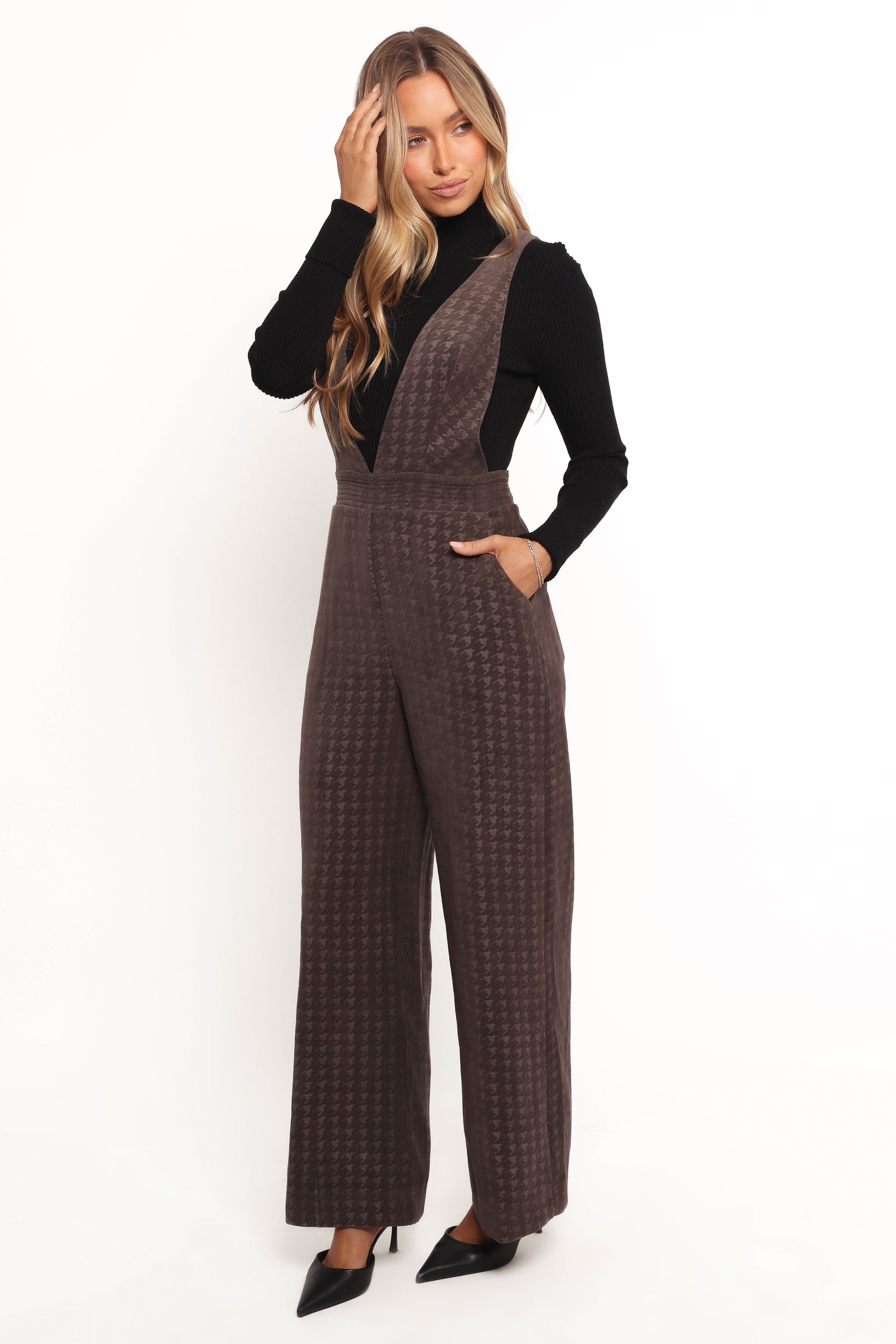 Yvettie Brown Houndstooth Jumpsuit with V Neck & Pockets