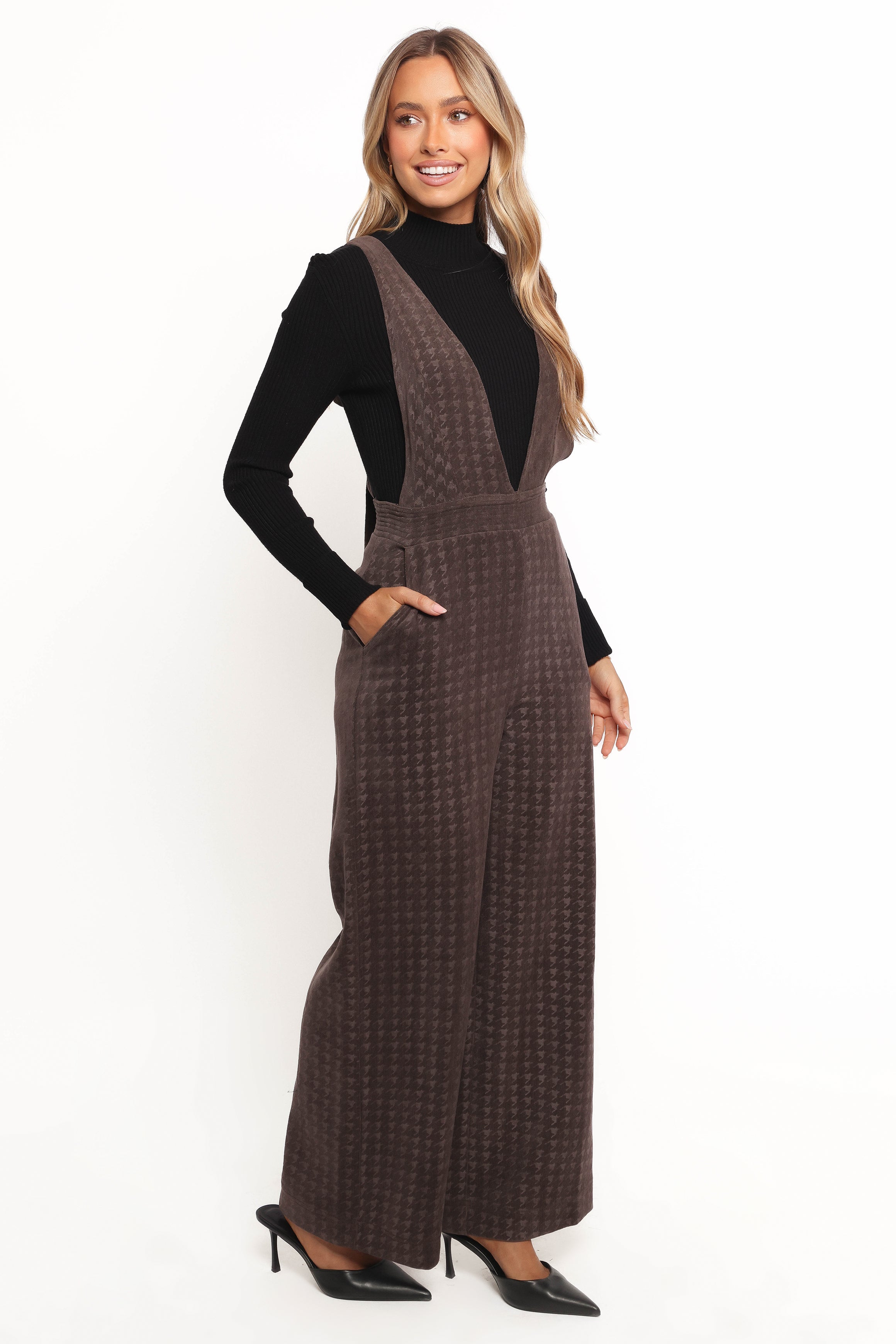 Yvettie Brown Houndstooth Jumpsuit with V Neck & Pockets