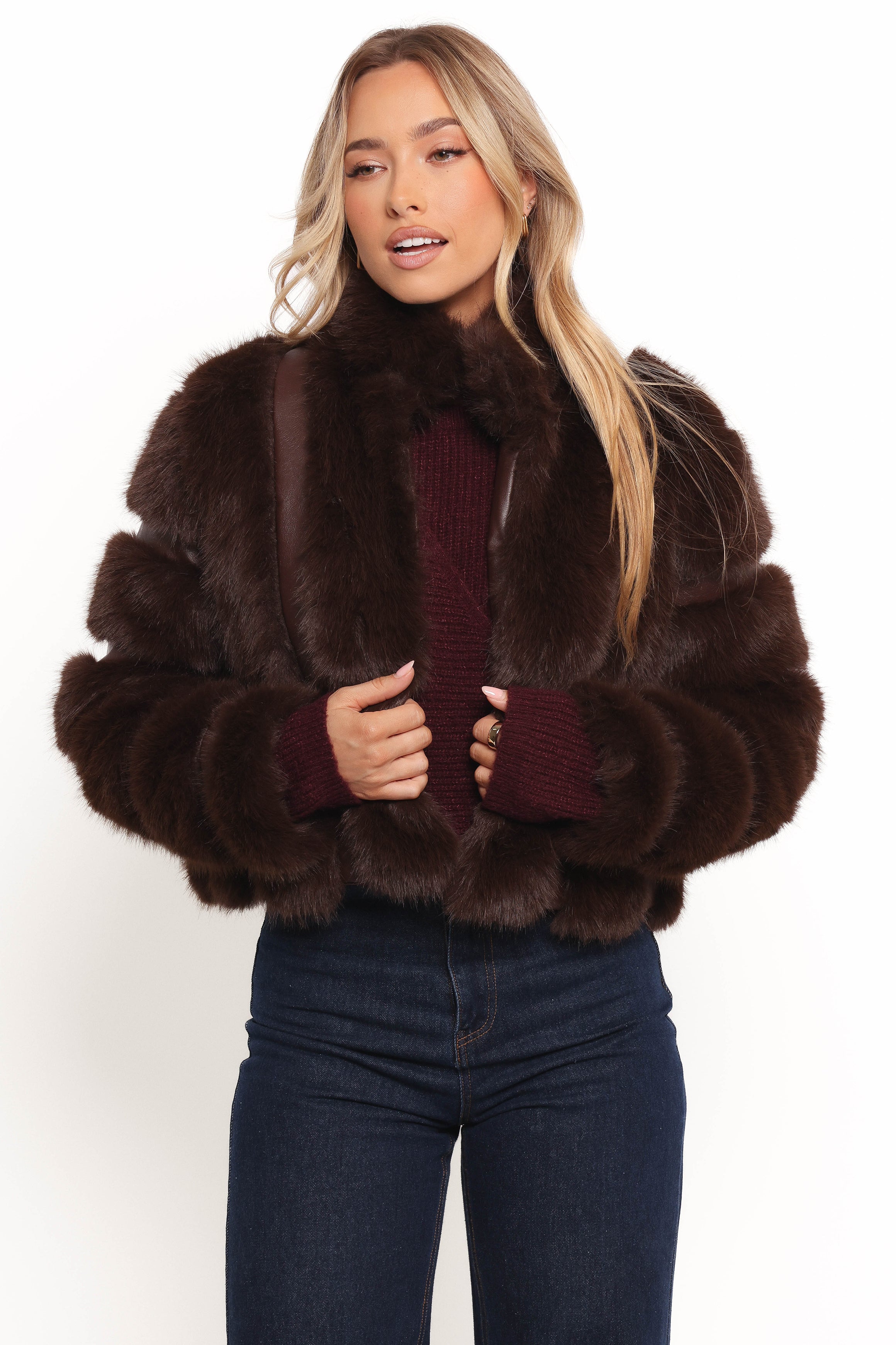 Velma Chocolate Faux Fur Cropped Jacket - Women's Winter Coat
