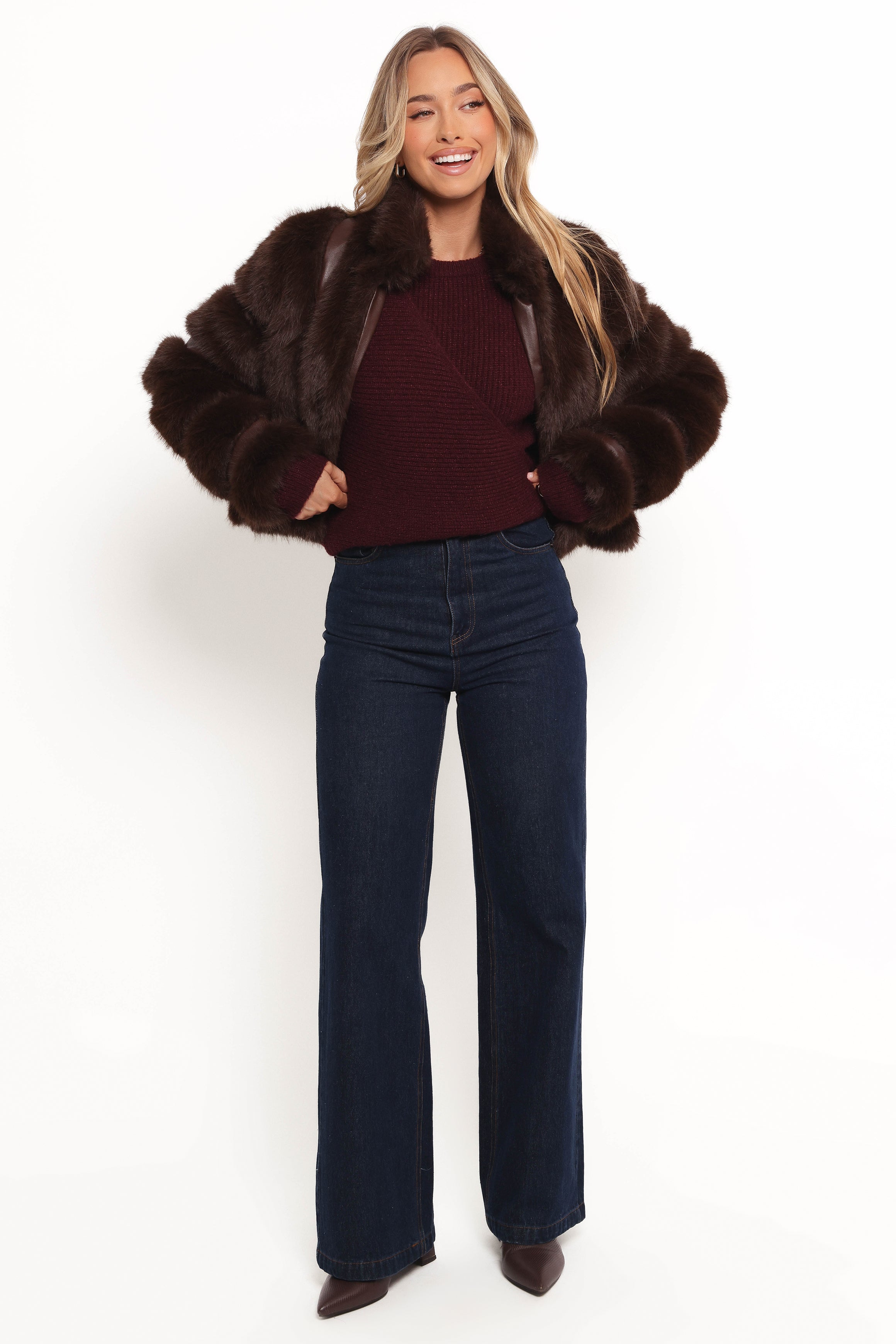 Velma Chocolate Faux Fur Cropped Jacket - Women's Winter Coat