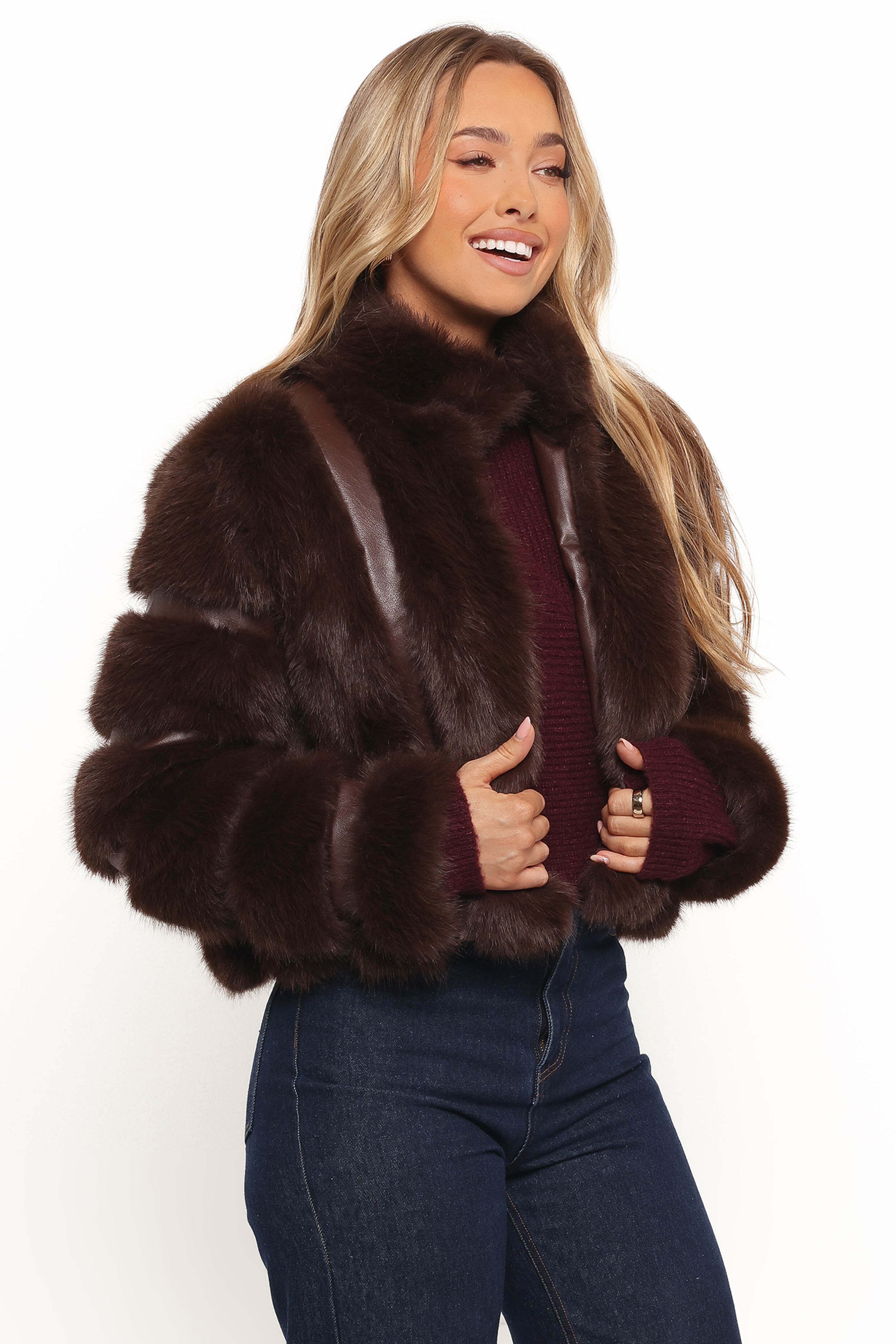 Velma Chocolate Faux Fur Cropped Jacket - Women's Winter Coat