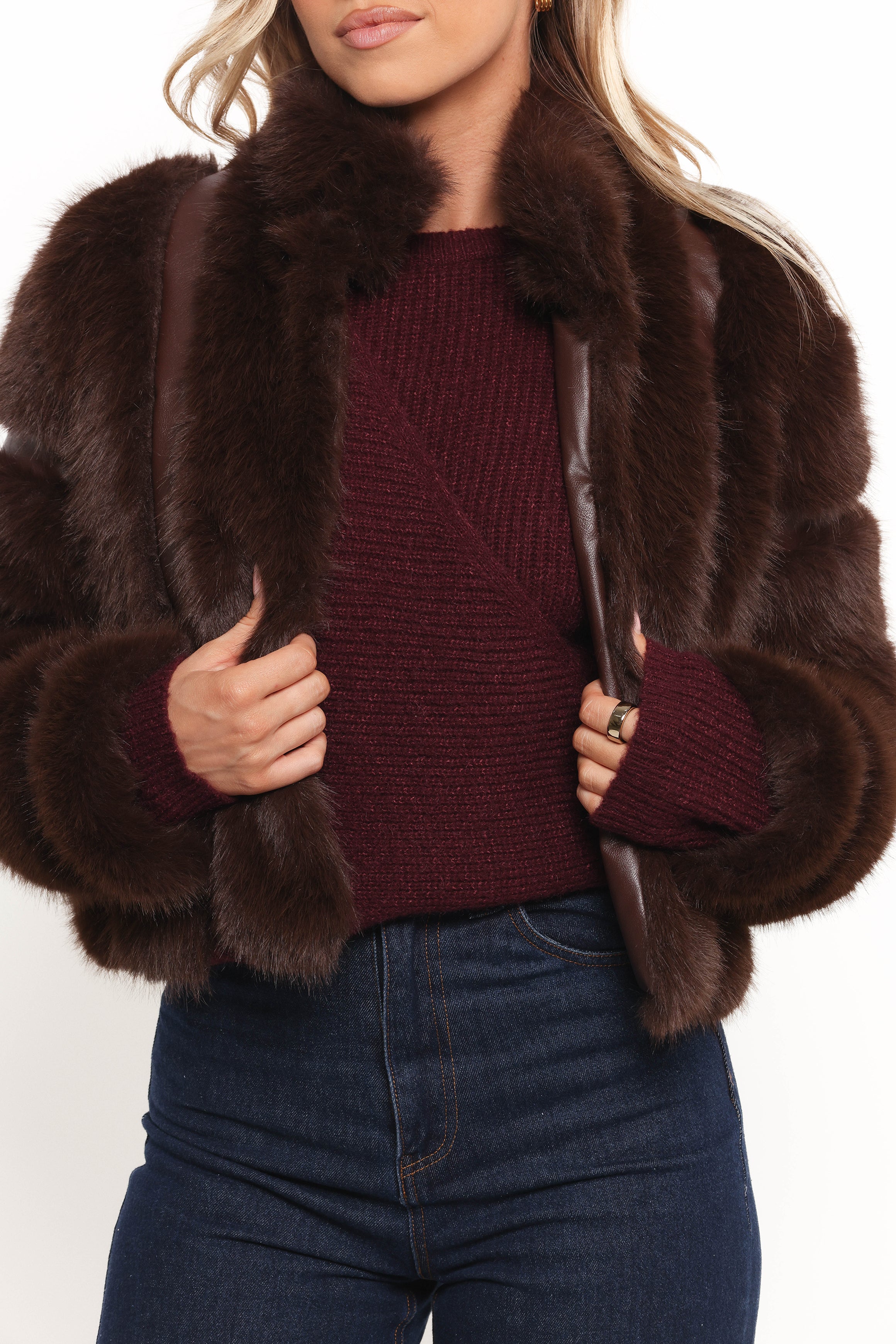 Velma Chocolate Faux Fur Cropped Jacket - Women's Winter Coat