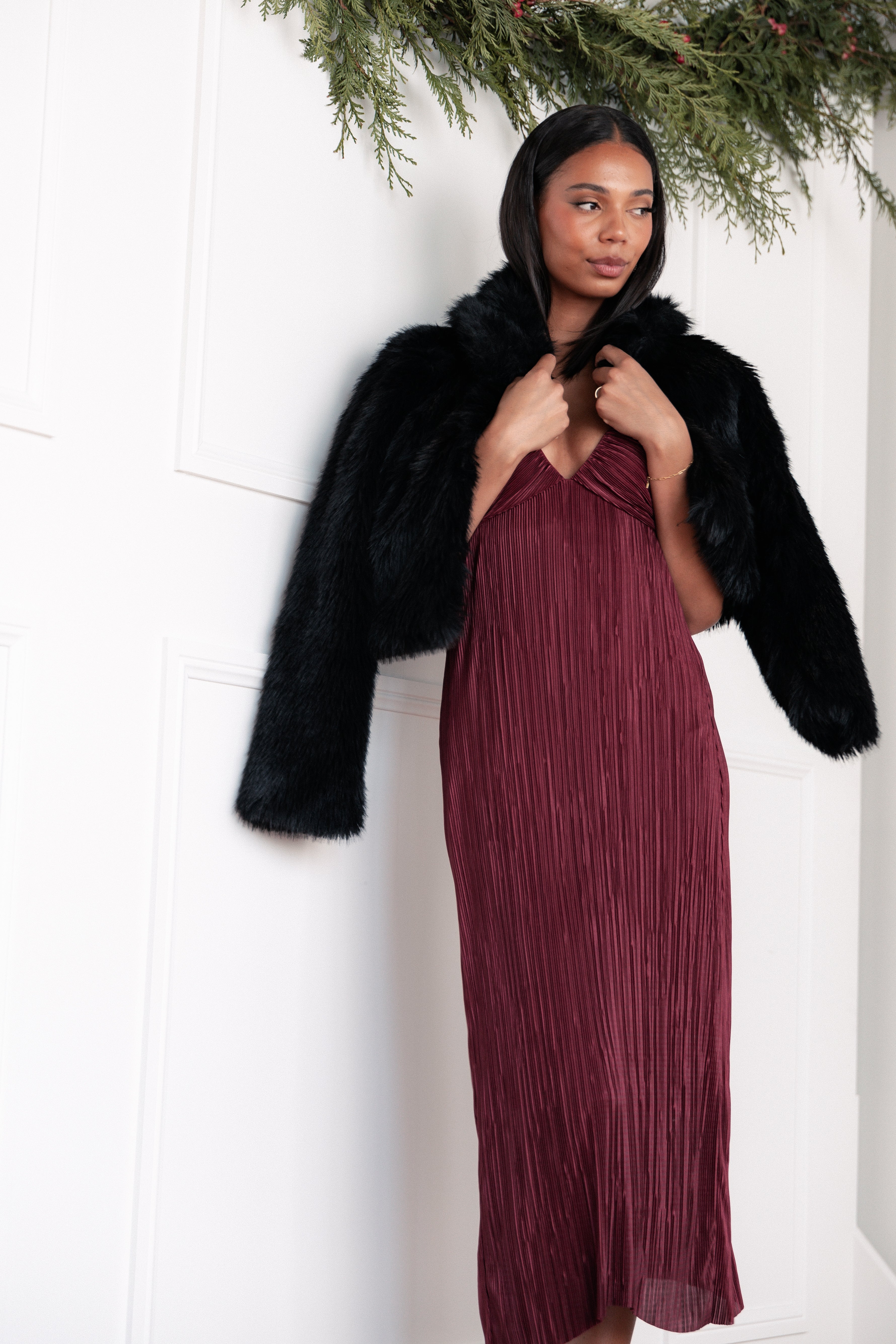 Safi Wine Plisse Maxi Dress with V Neckline & Adjustable Back