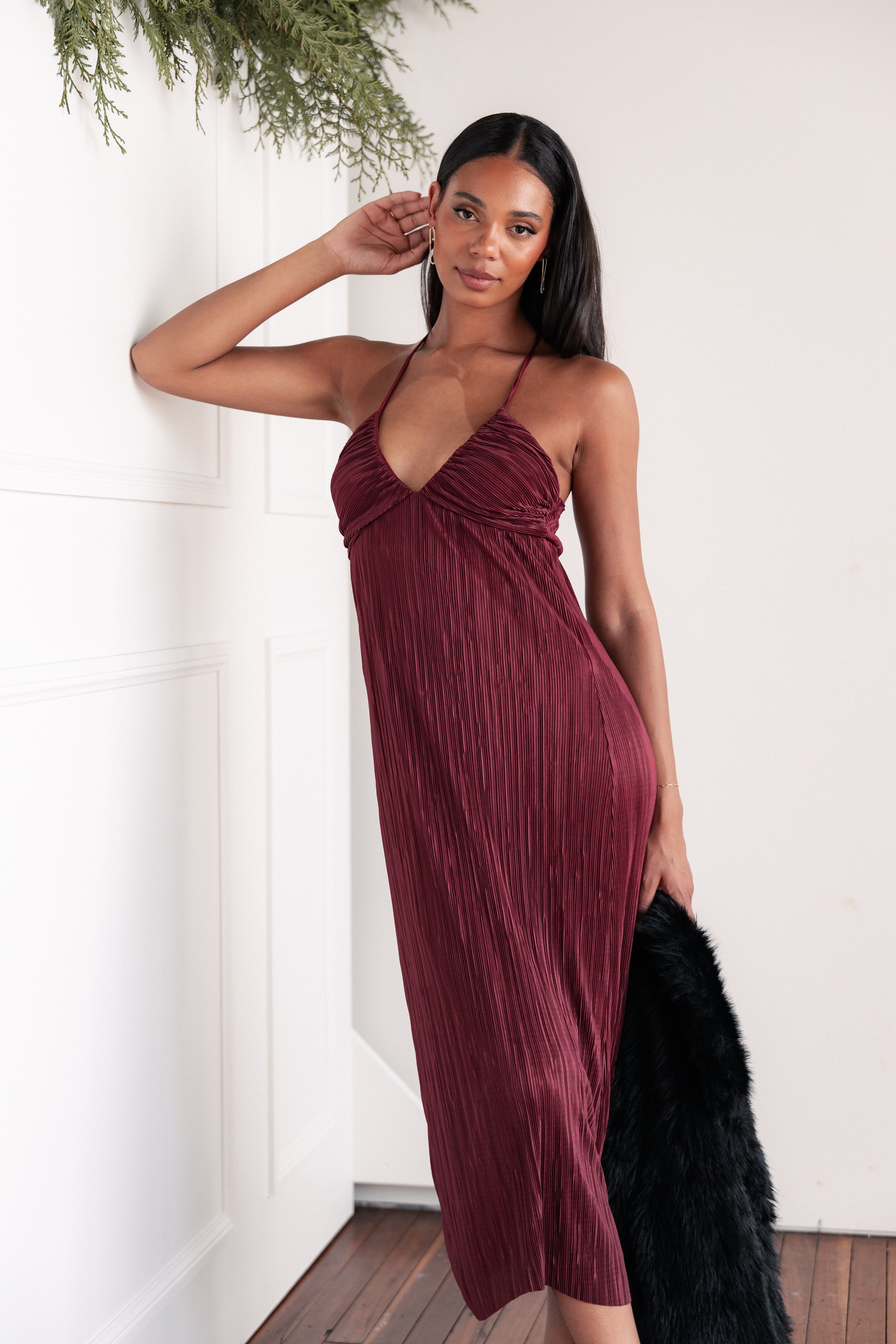 Safi Wine Plisse Maxi Dress with V Neckline & Adjustable Back