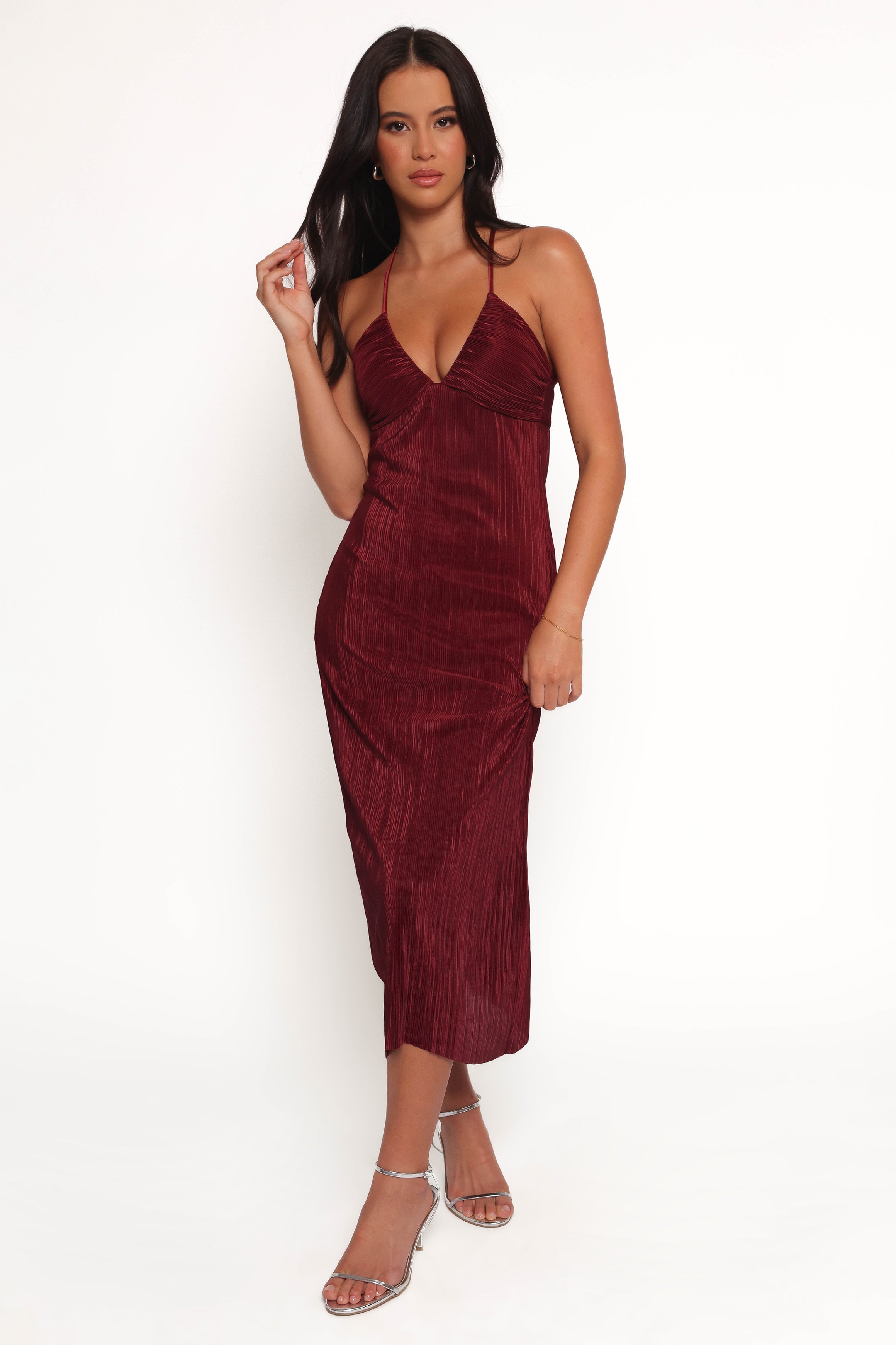 Safi Wine Plisse Maxi Dress with V Neckline & Adjustable Back