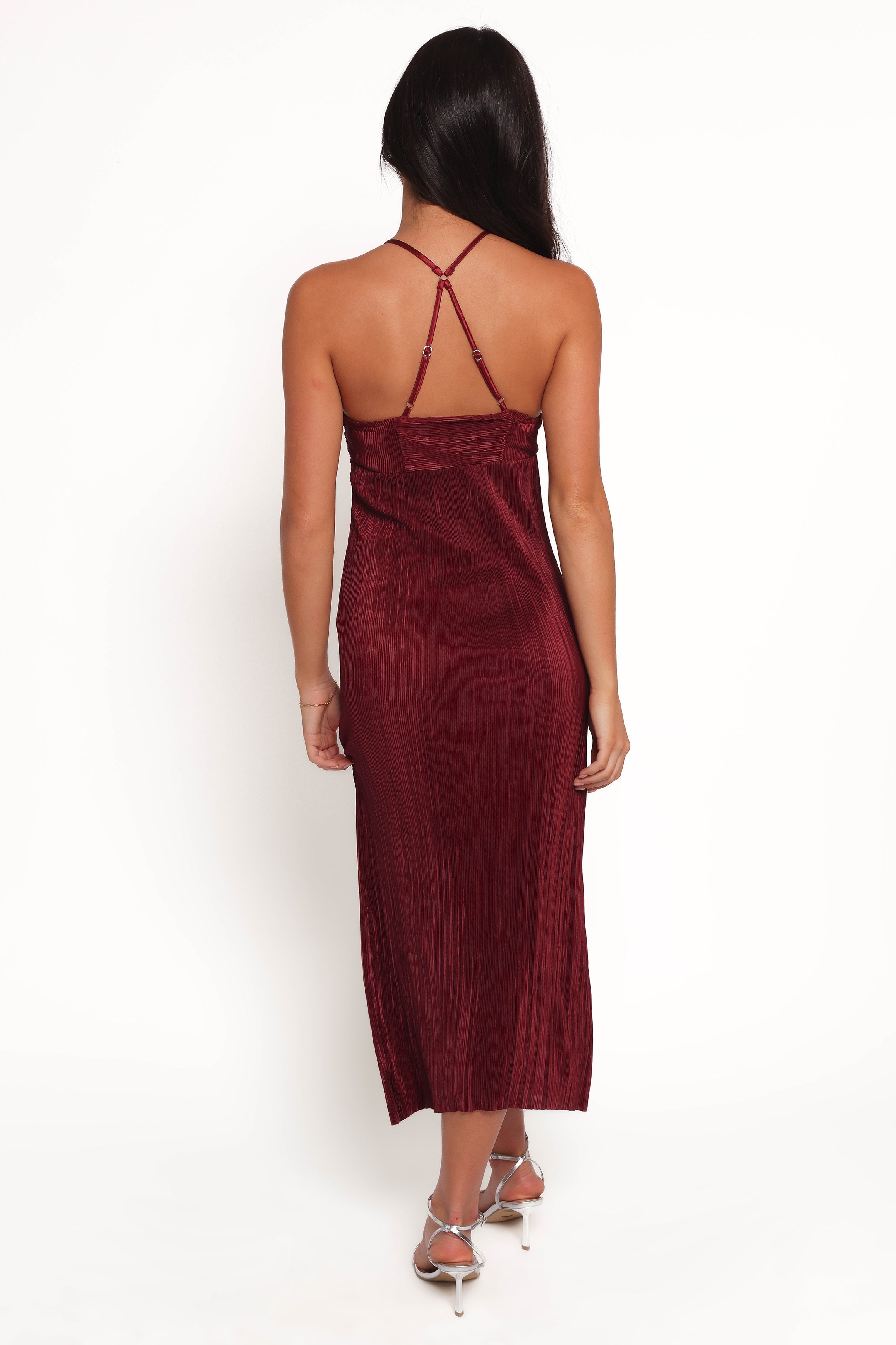 Safi Wine Plisse Maxi Dress with V Neckline & Adjustable Back