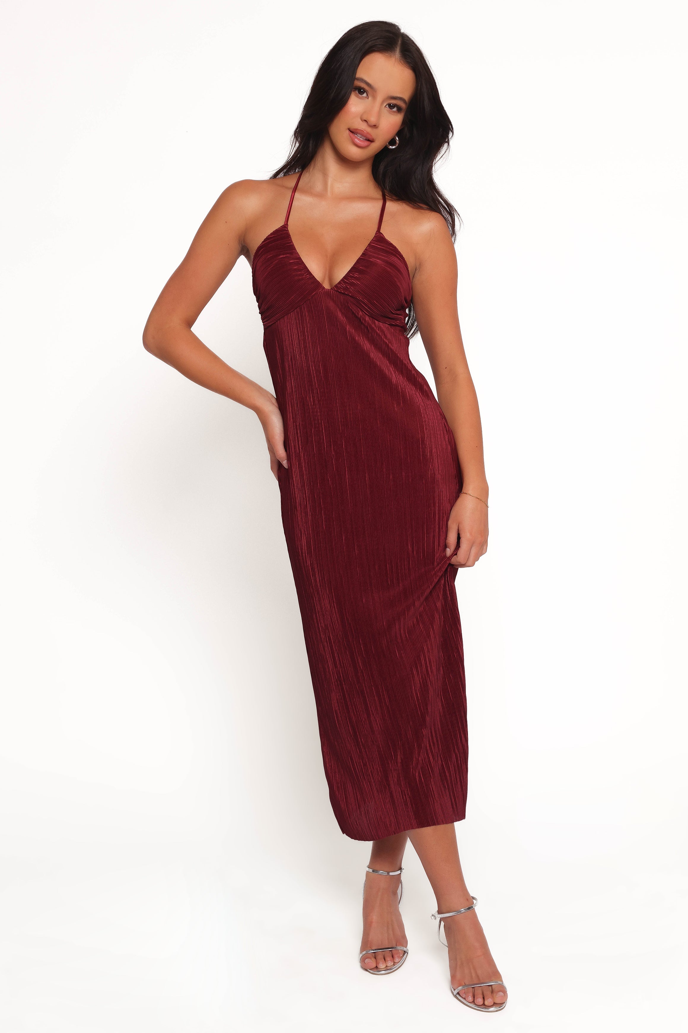 Safi Wine Plisse Maxi Dress with V Neckline & Adjustable Back