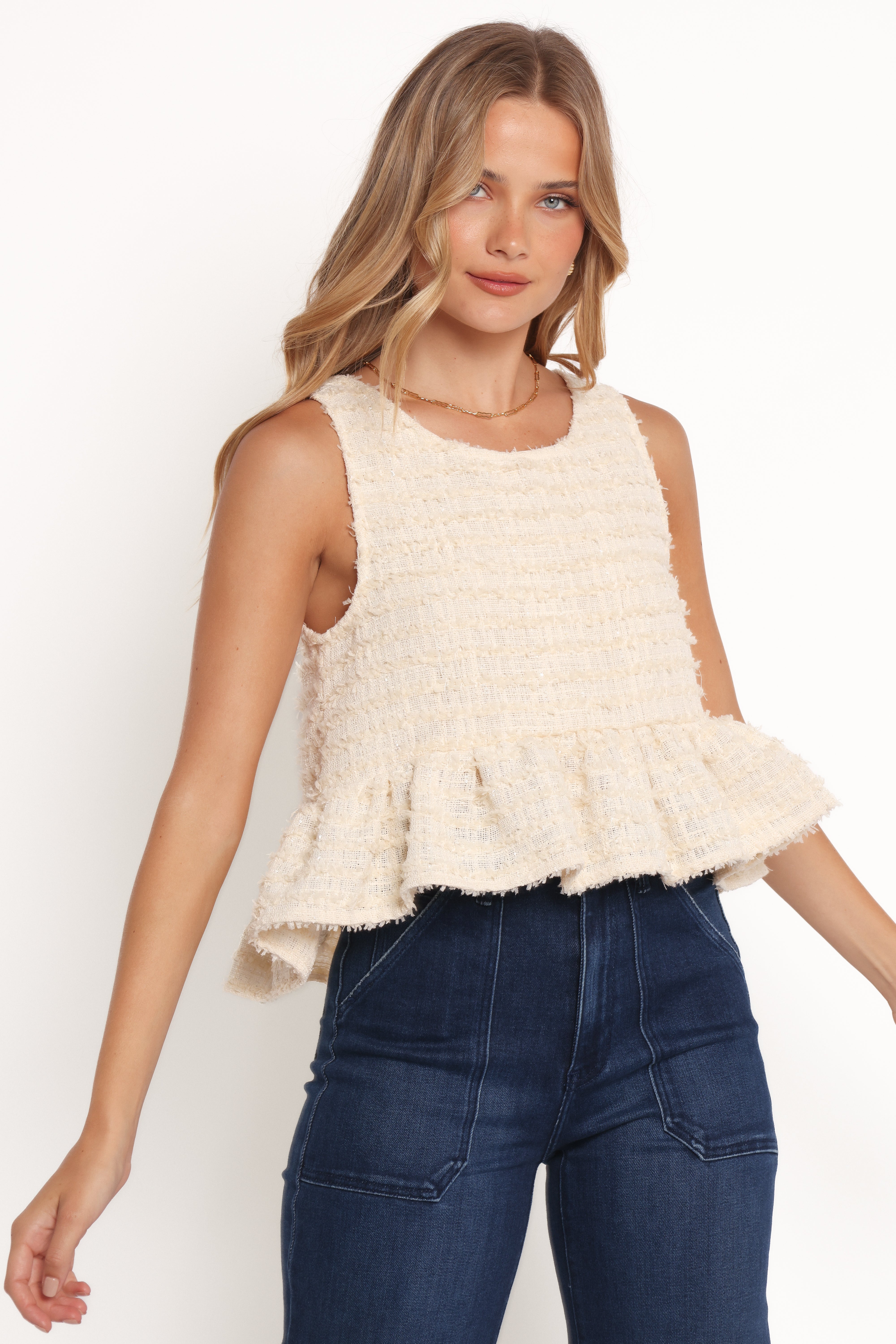 Cream Ruffle Peplum Top - Sleeveless Cropped Blouse for Women